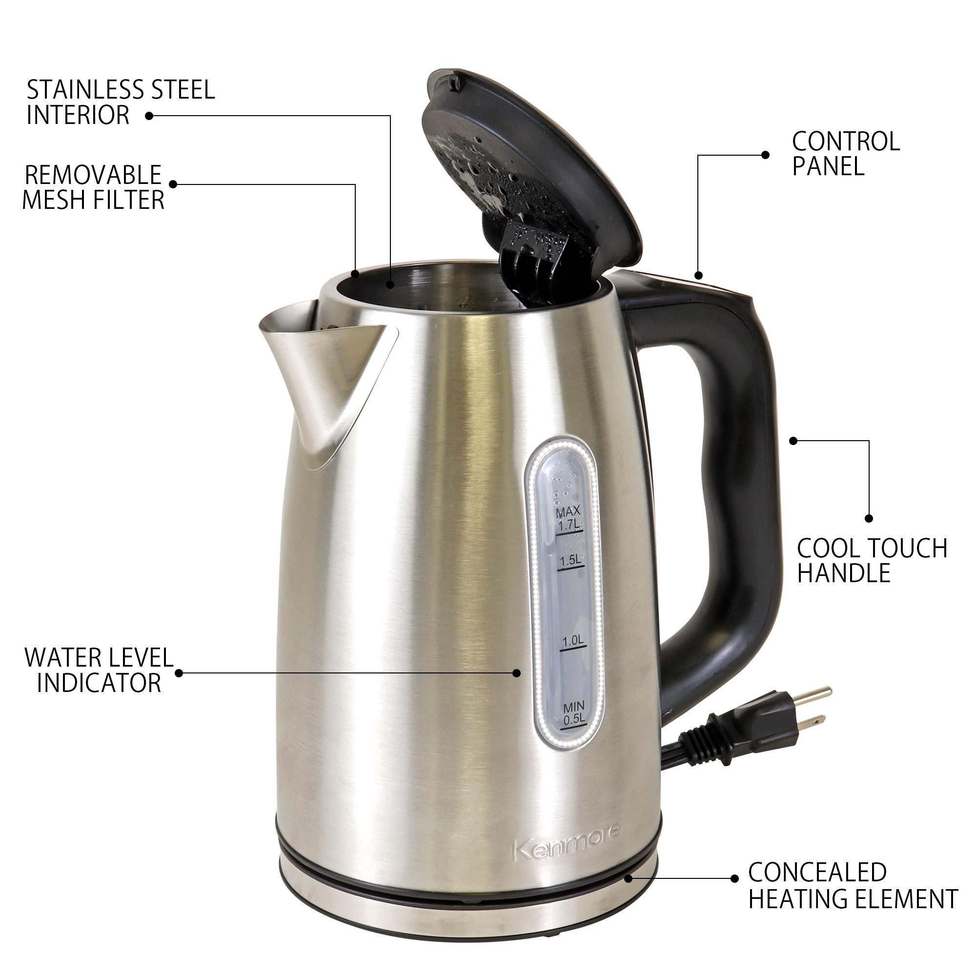 Kenmore 1.7 Qt. Electric Tea Kettle with 6 Temperature Pre-Sets, Cordless