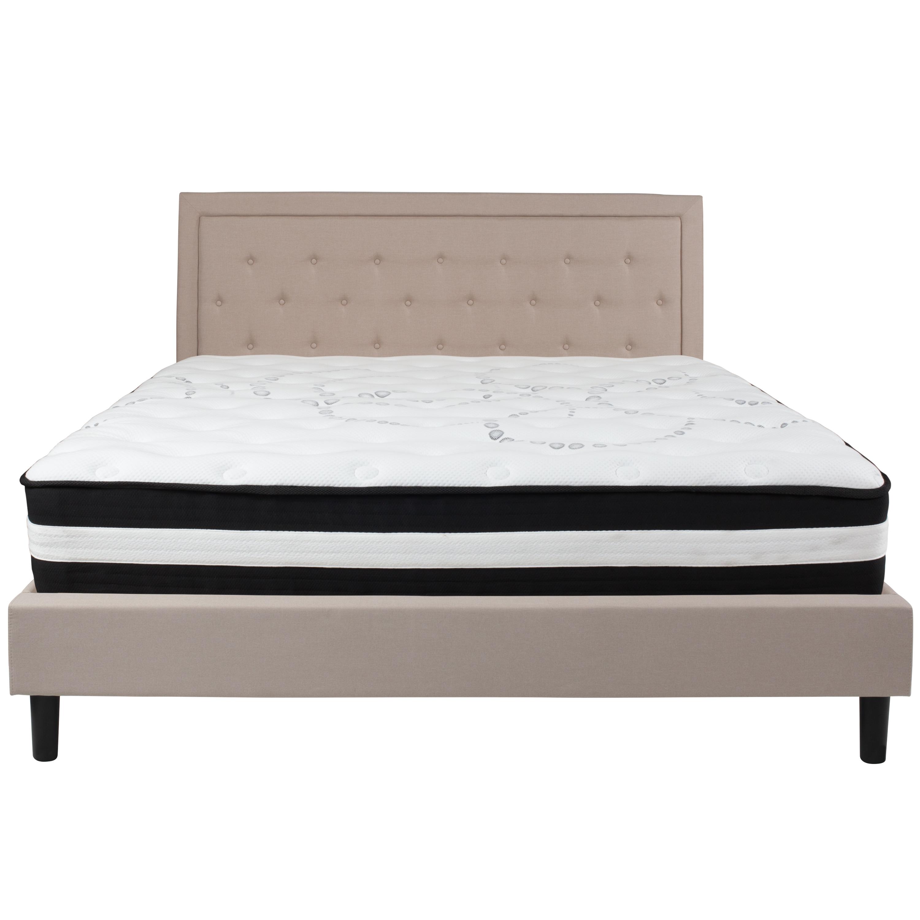 Flash Furniture Roxbury King Size Tufted Upholstered Platform Bed in Beige Fabric with Pocket Spring Mattress