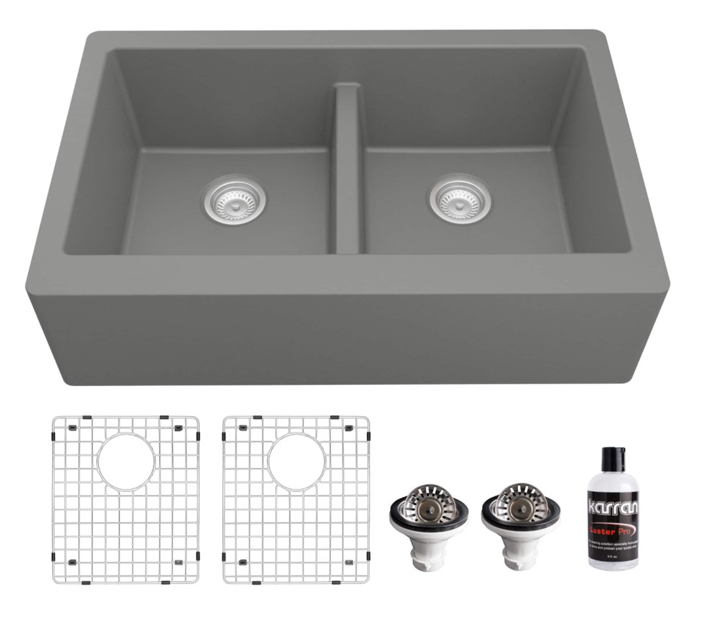 Karran Quartz 34'' X 21-1/4'' 50/50 Double Bowl Farmhouse/Apron Front Kitchen Sink Kit