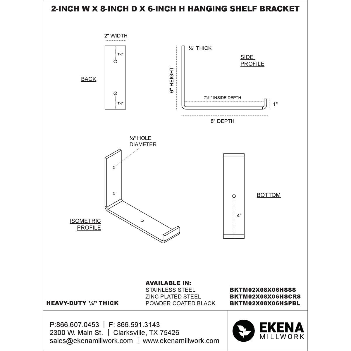 Ekena Millwork 2"W x 8"D x 6"H Steel Hanging Shelf Bracket, Stainless Steel