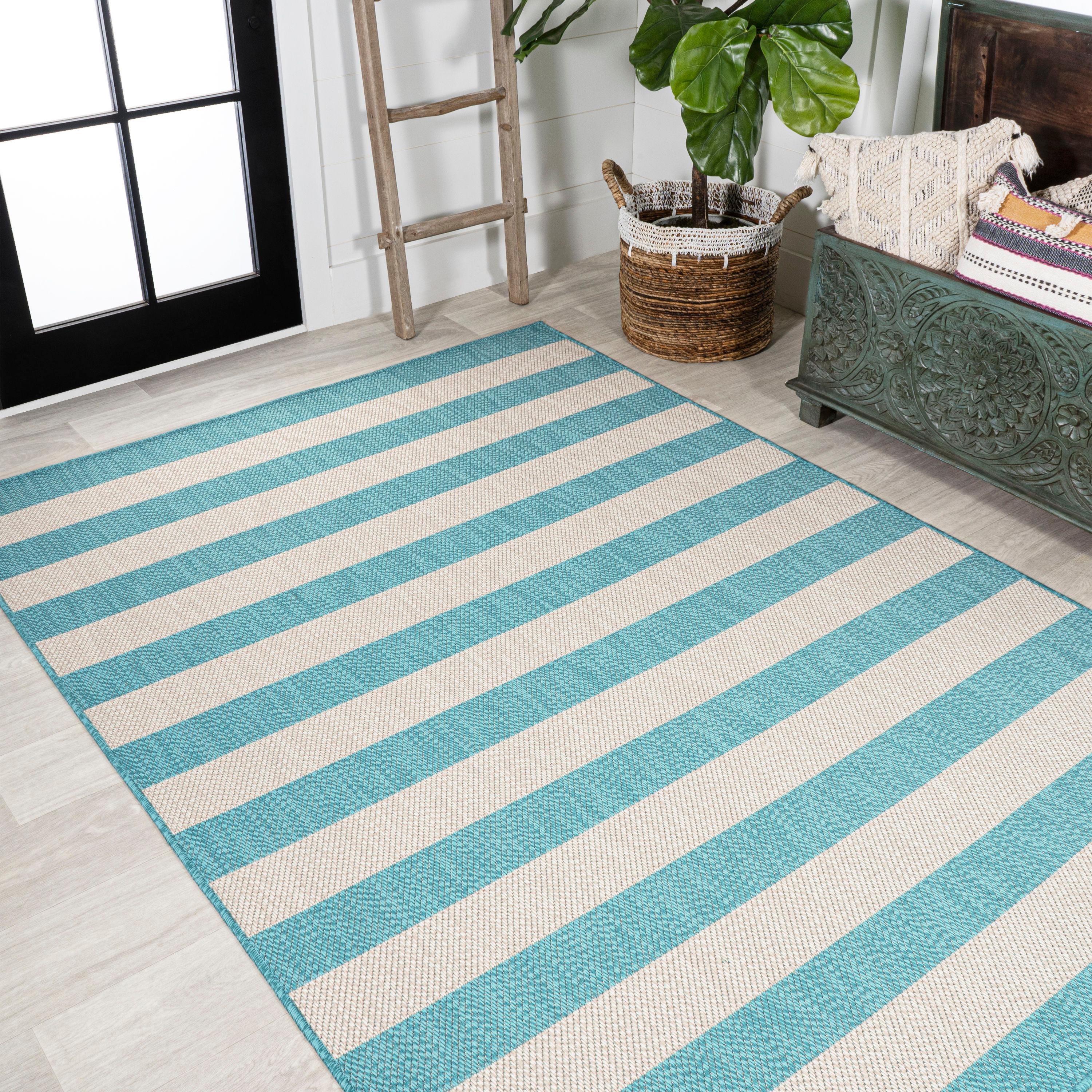 3' x 5' Negril Two-Tone Wide Stripe Indoor/Outdoor Area Rug, Aqua/Cream - JONATHAN Y