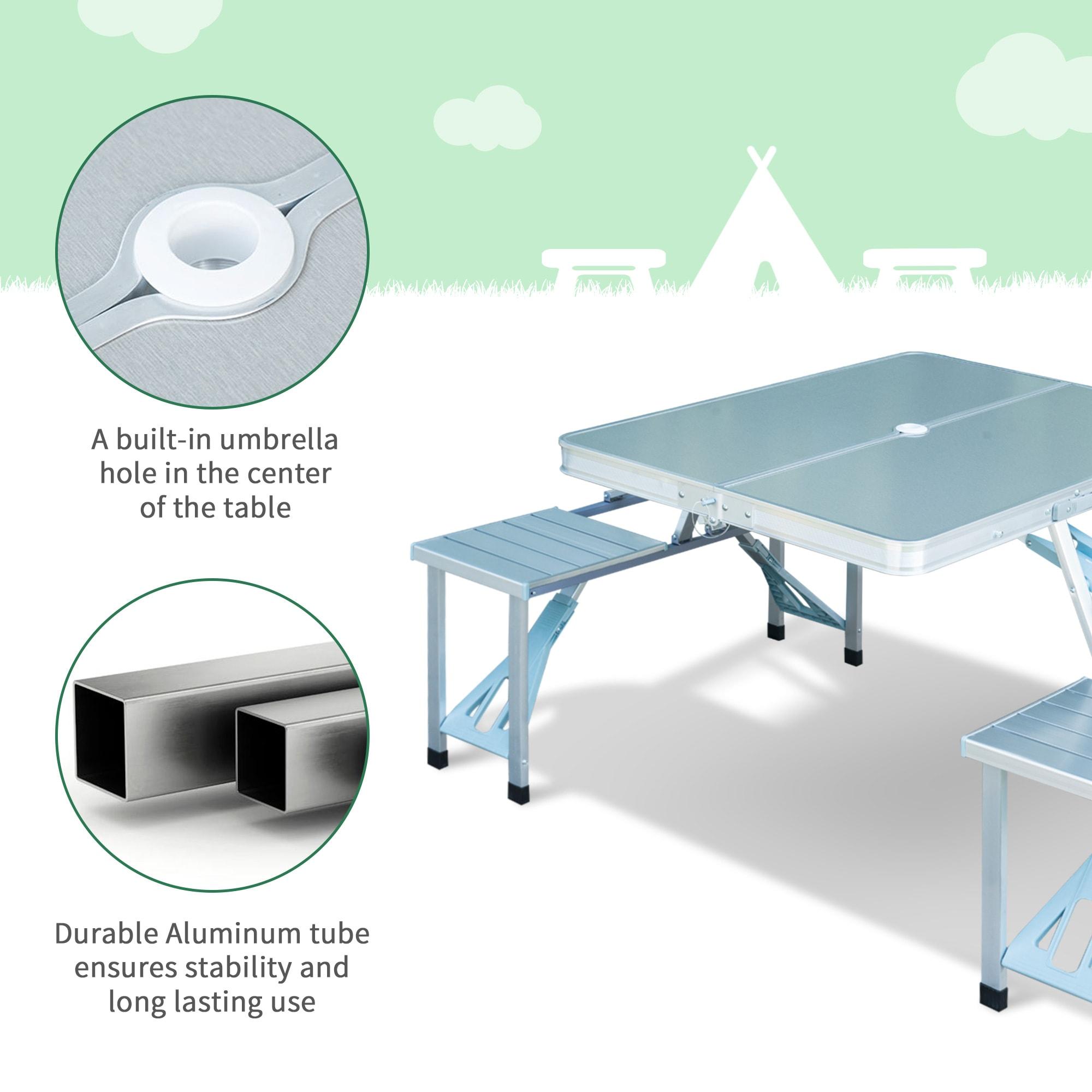 Outsunny Porch or Camping Picnic Table Folding with Carry Handle, Portable Outdoor Table with Bench, Patio Table with Umbrella Hole, Silver