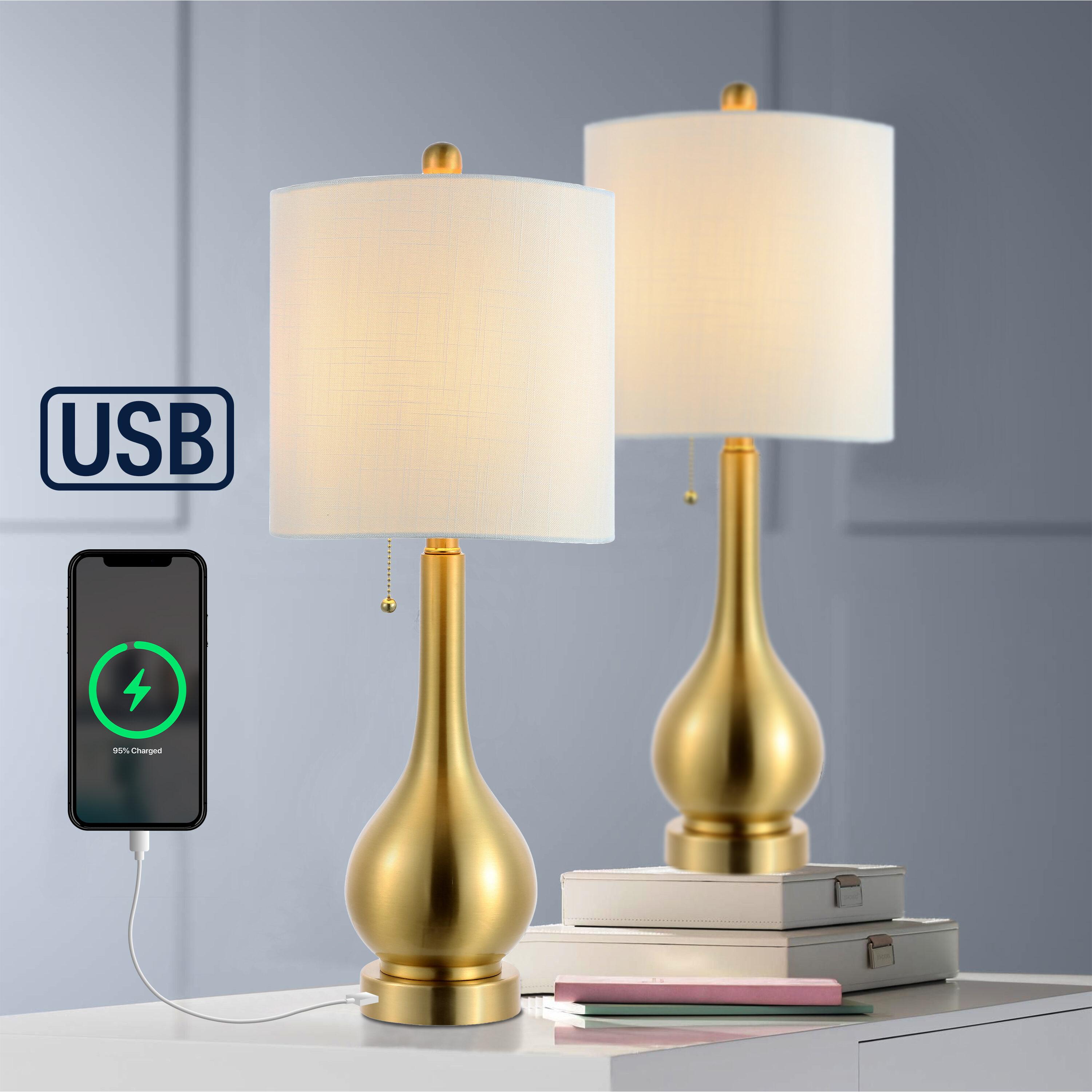 JONATHAN Y JYL1127C-SET2 Tyler 24" Modern Classic Gourd Iron LED Table Lamp with Pull-Chain with Dual USB Charging Port, for living room, dinning room Bulb Included, Brass Gold (Set of 2)