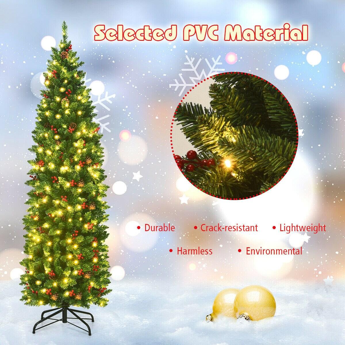 Costway 6.5Ft Pre-lit Hinged Pencil Christmas Tree w/Pine Cones Red Berries & 250 Lights