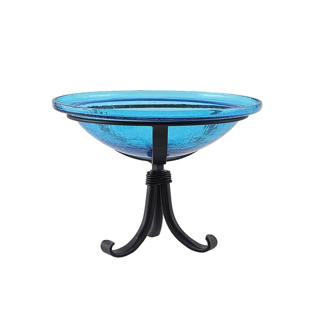 12.75" Reflective Crackle Glass Birdbath Bowl with Tripod Stand Teal Blue - Achla Designs: Weather-Resistant, No Assembly Required