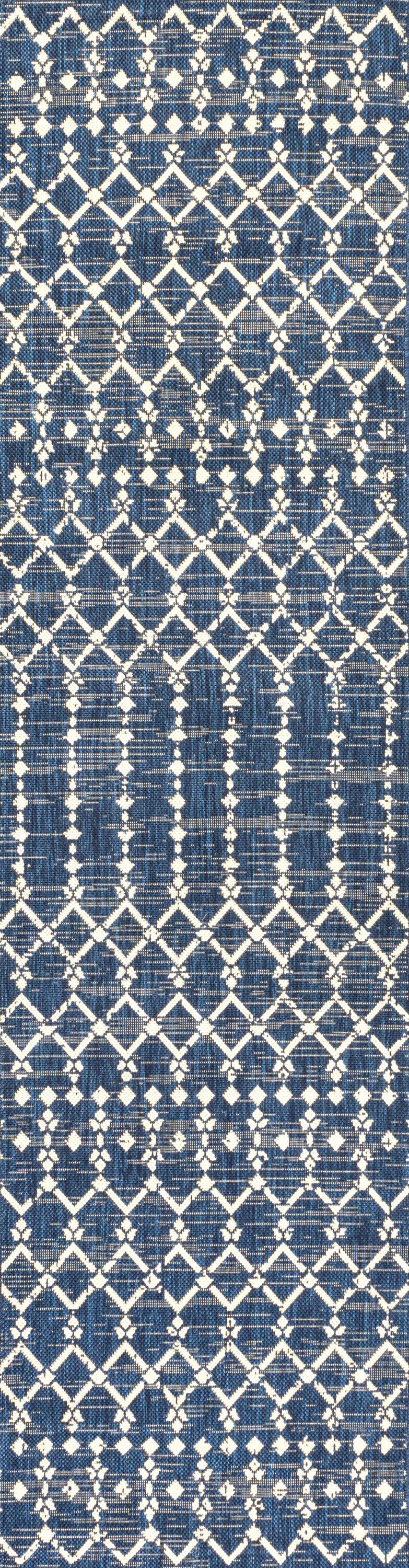 2' x 10' Ourika Moroccan Geometric Textured Weave Indoor/Outdoor Runner Rug, Navy/Beige - JONATHAN Y