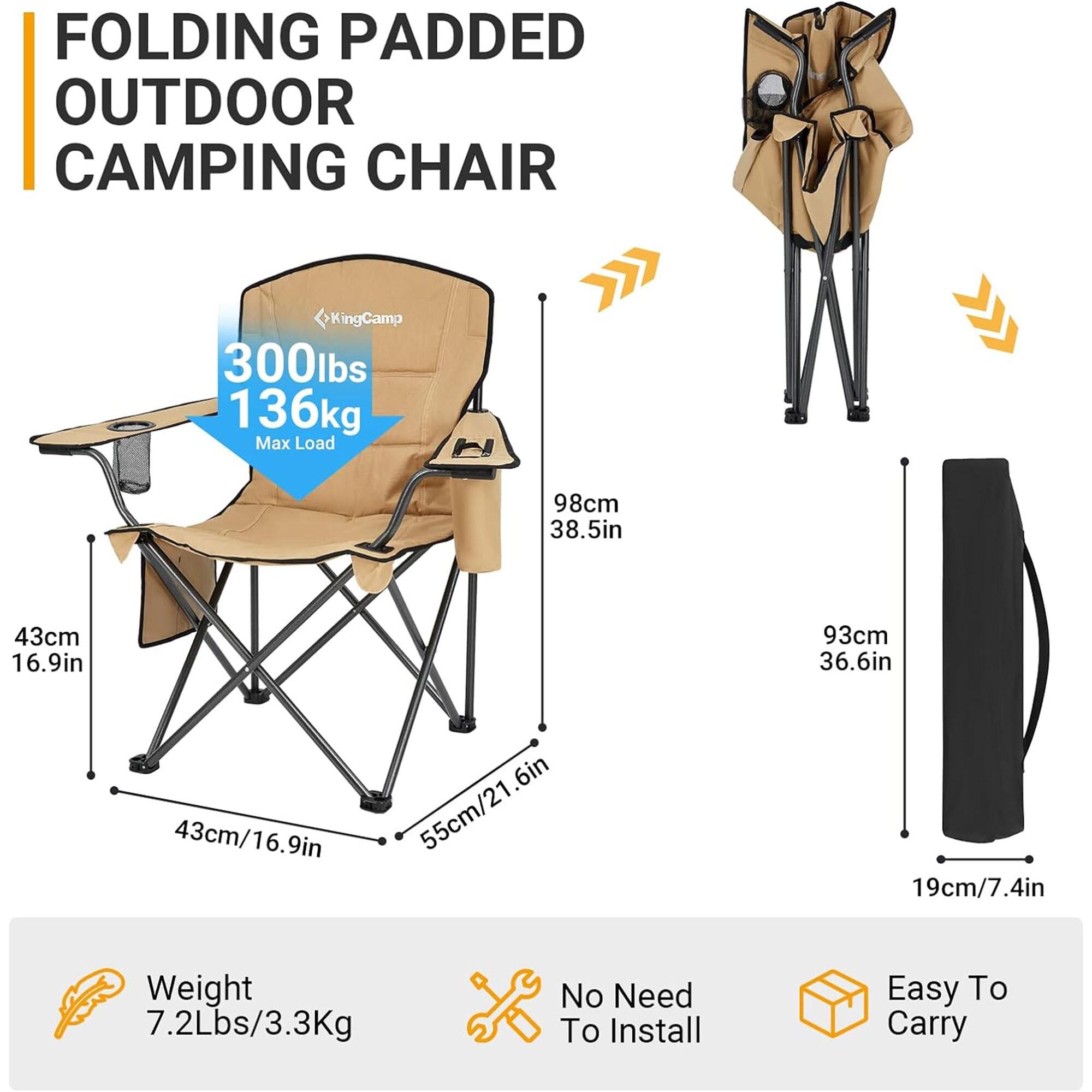 KingCamp Padded Portable Outdoor Folding Lounge Chairs with Built In Cupholder, Insulated Cooler Sleeve, and Side Storage Pocket, Khaki