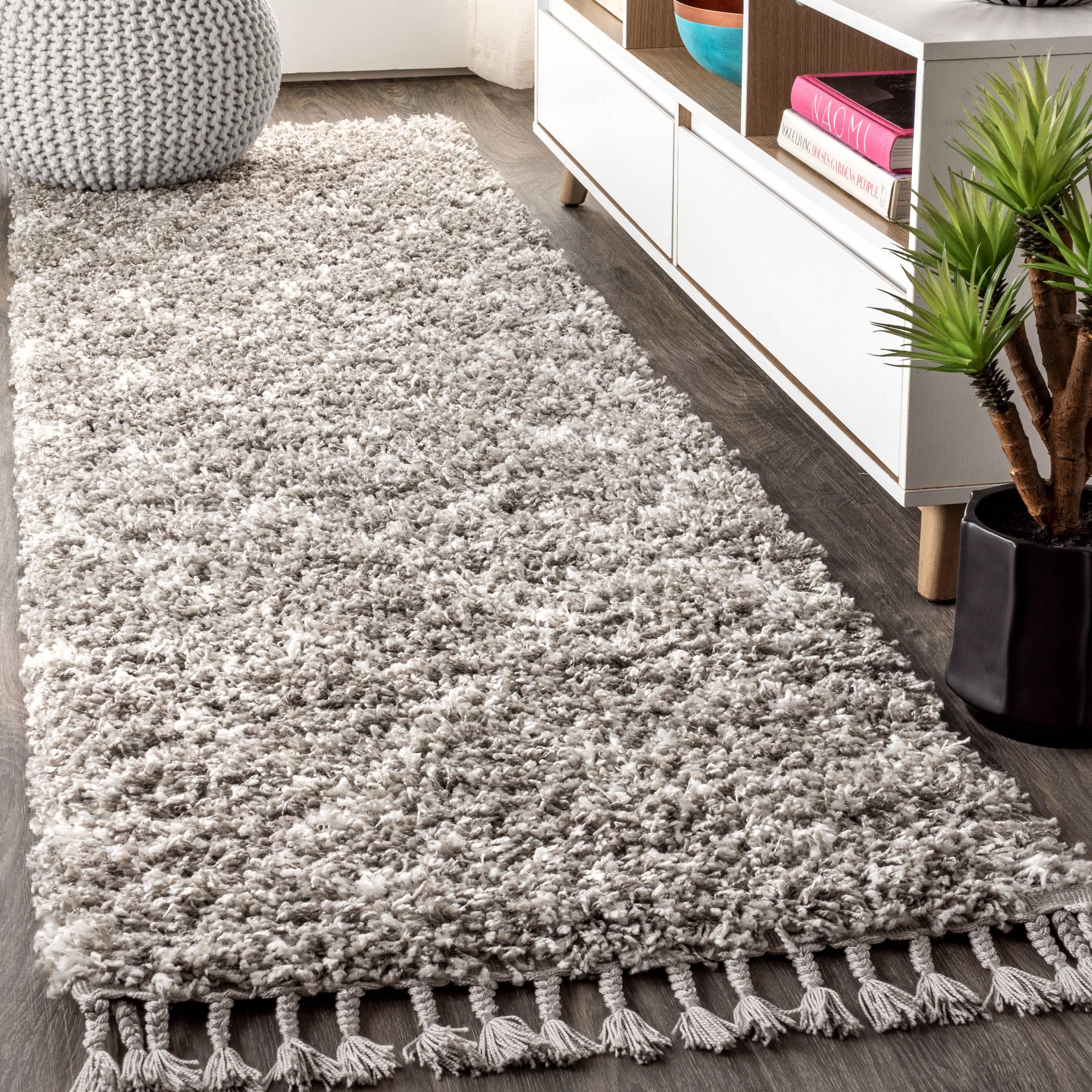 2'x8' Mercer Shag Plush Tassel Moroccan Geometric Trellis Area Rug, Grey/Cream - JONATHAN Y