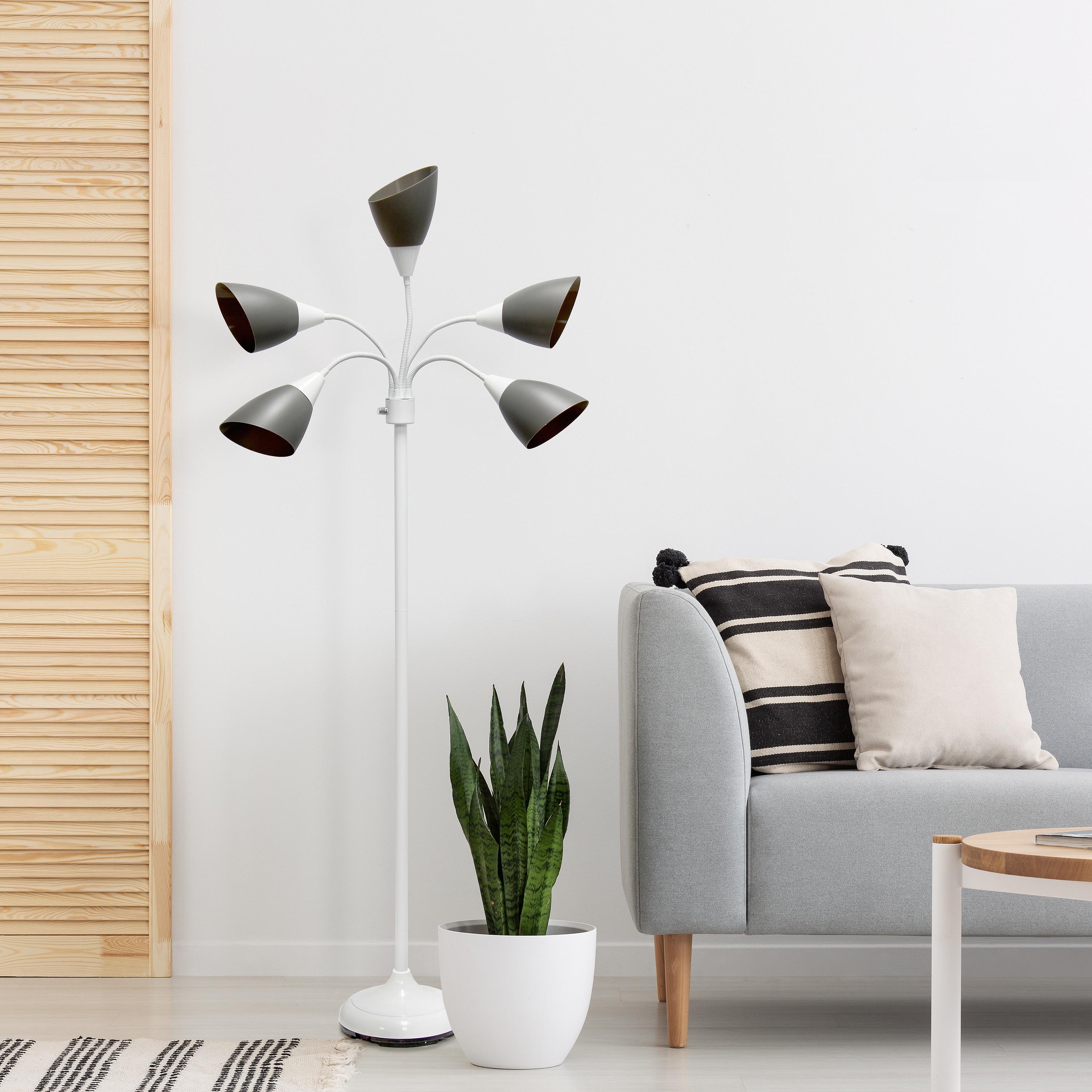 Simple Designs 67" Contemporary Multi 5-Head Adjustable Gooseneck Floor Lamp with Shades Gray : ETL Listed, Metal Body, Rotary Dimmer Switch