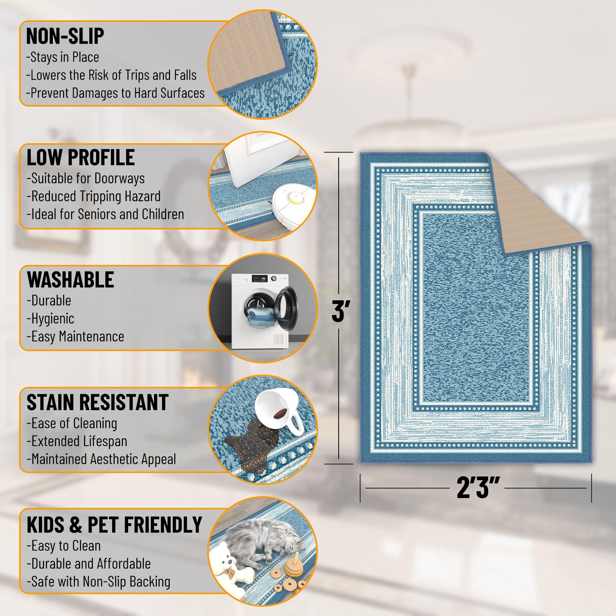 Ottomanson Machine Washable Non-Slip Rubberback Bordered 2x3 Indoor Area Rug, 2'3" x 3', Blue