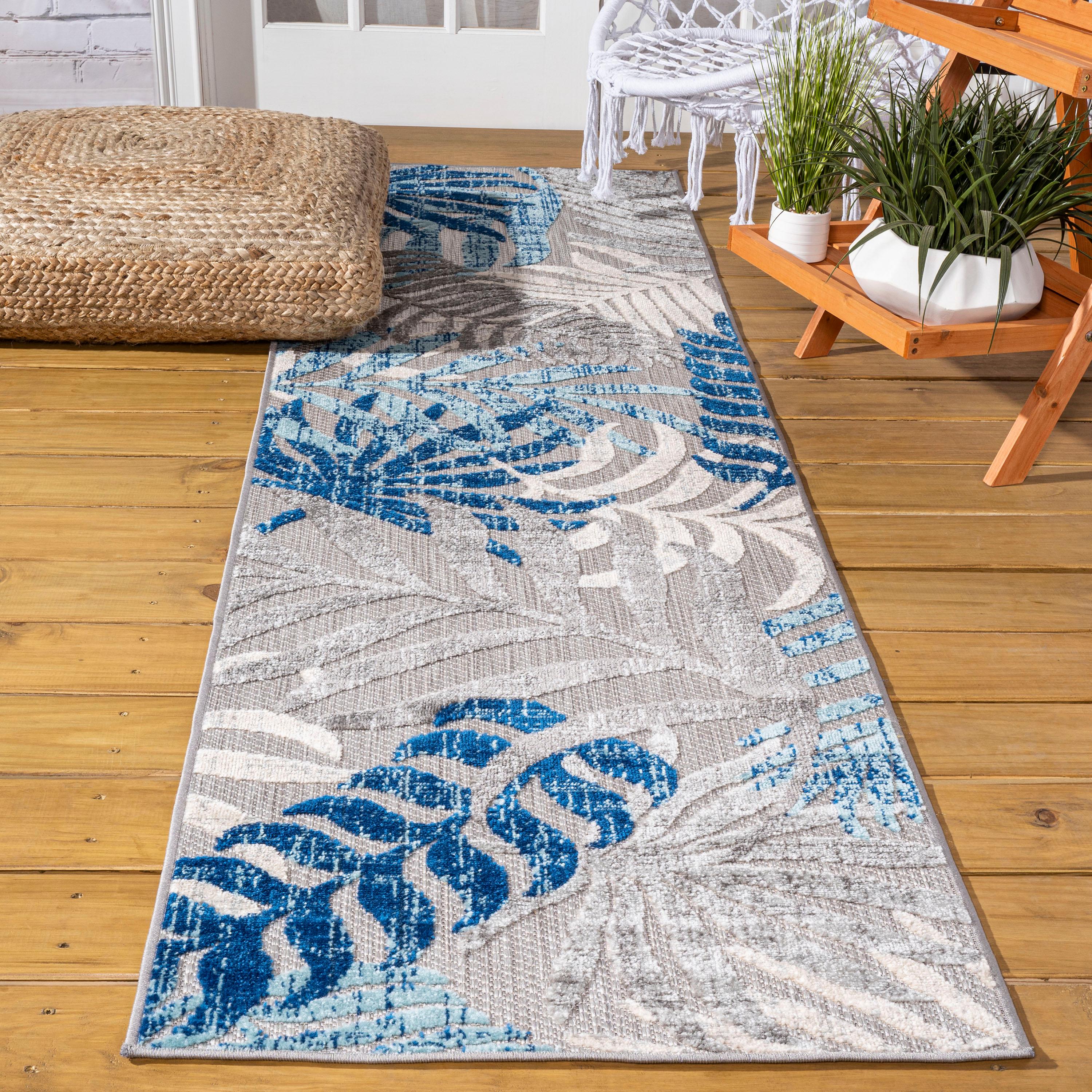 JONATHAN Y Tropics Palm Leaves Indoor/Outdoor Gray/Blue 2 ft. x 8 ft. Runner Rug