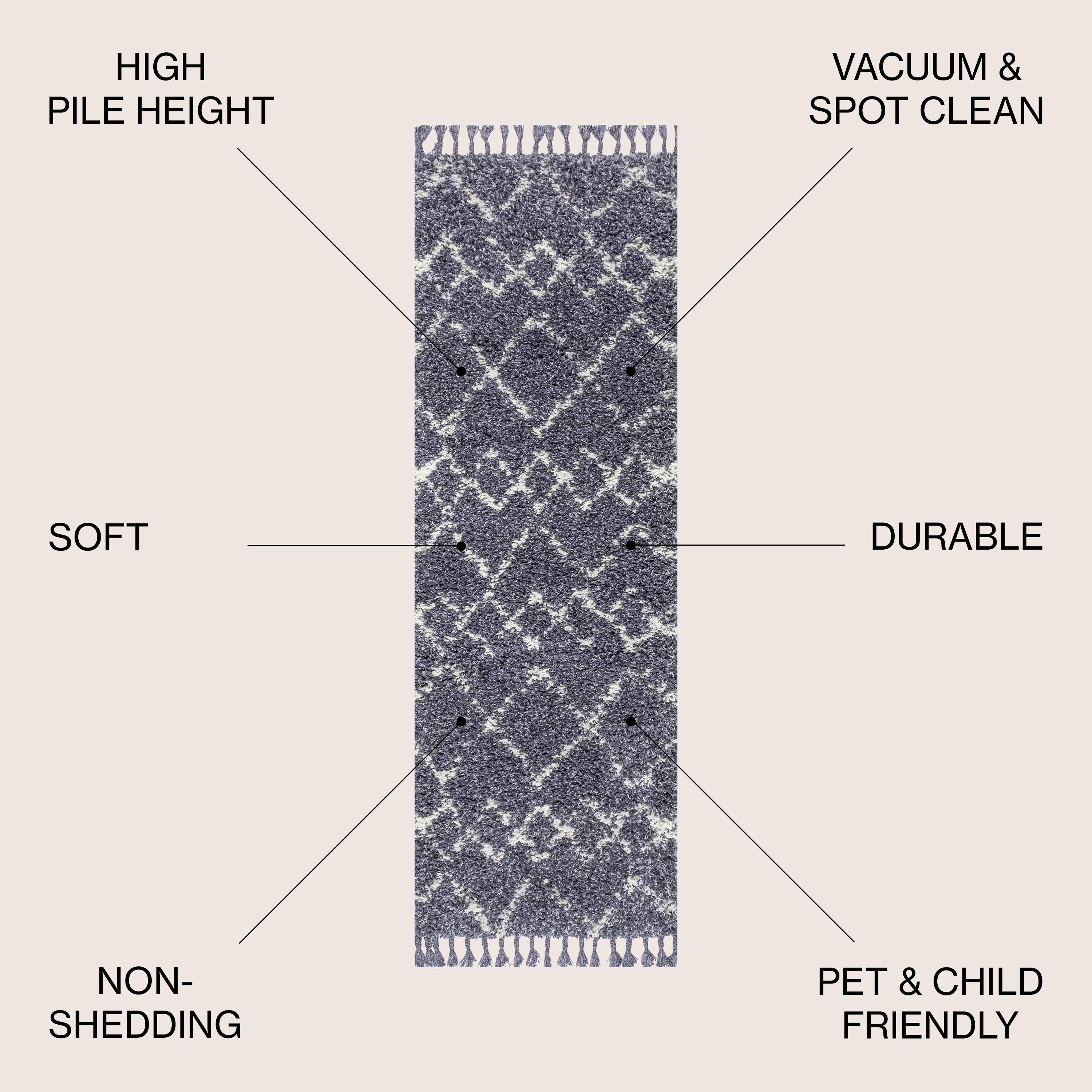 2'x8' Mercer Shag Plush Tassel Moroccan Geometric Trellis Area Rug, Denim/Cream - JONATHAN Y