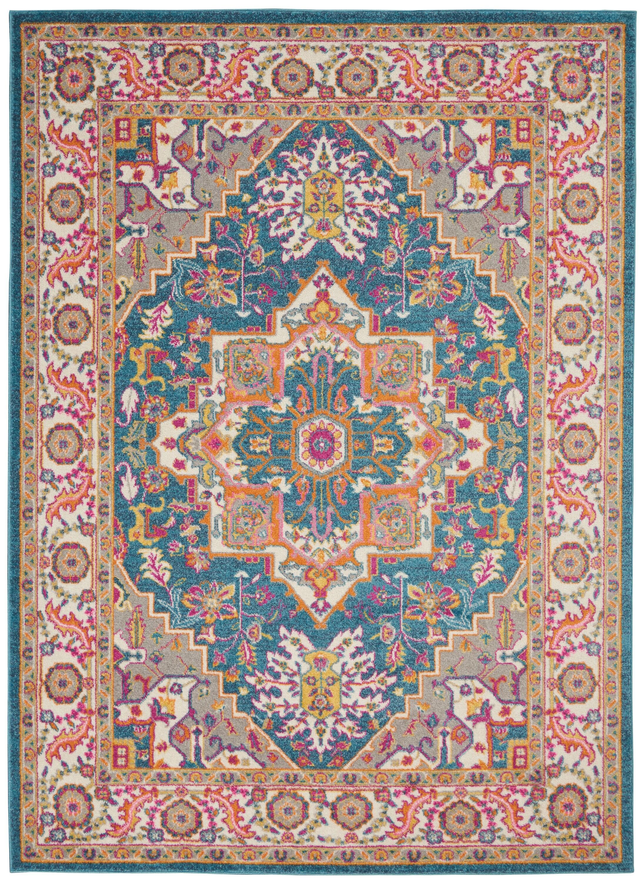 Nourison Passion Colorful Center Medallion Area Rug Teal Multicolor 5'3" x 7'3"