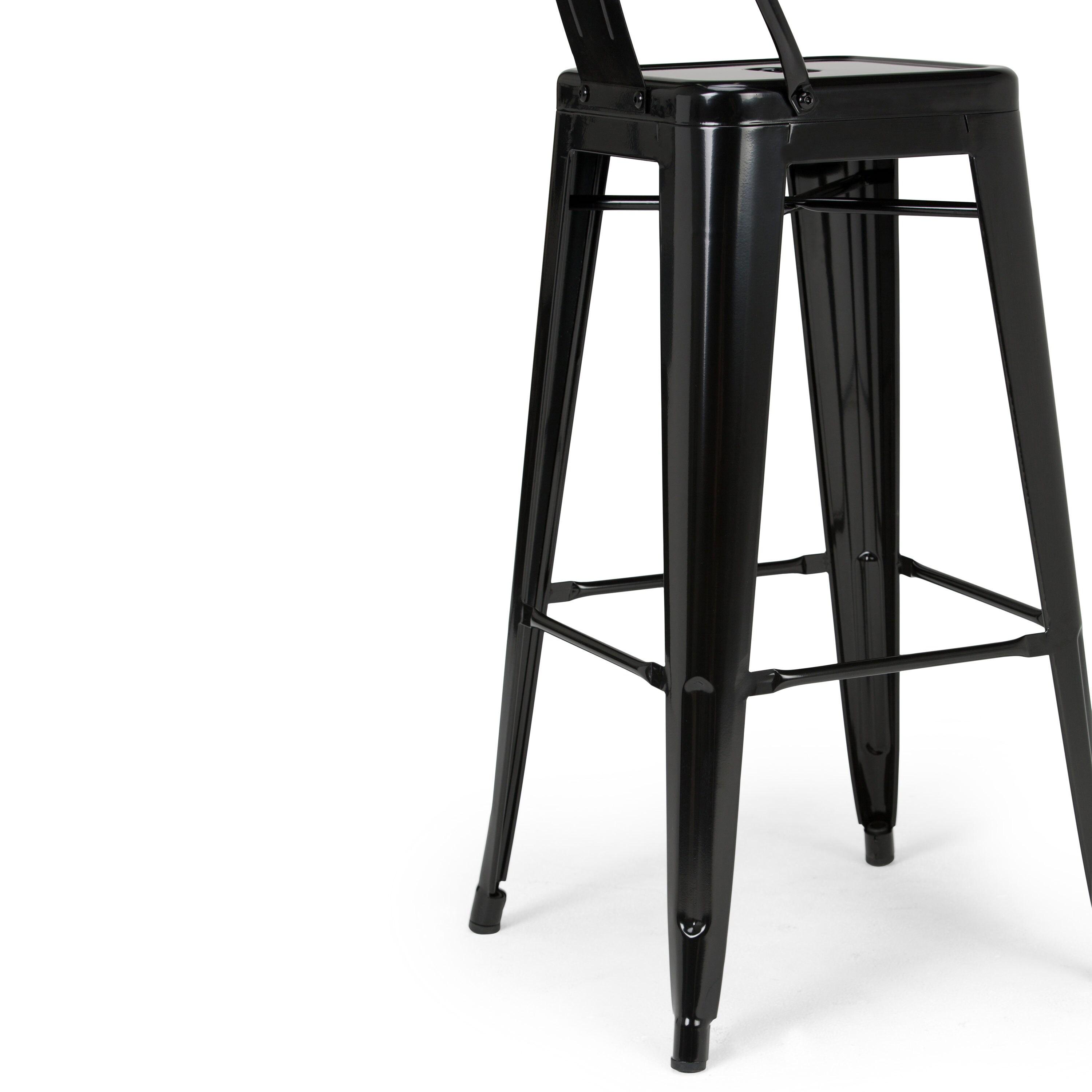Simpli Home Rayne Metal Industrial Stool with Curved Back, Cross-Brace, and Footrest