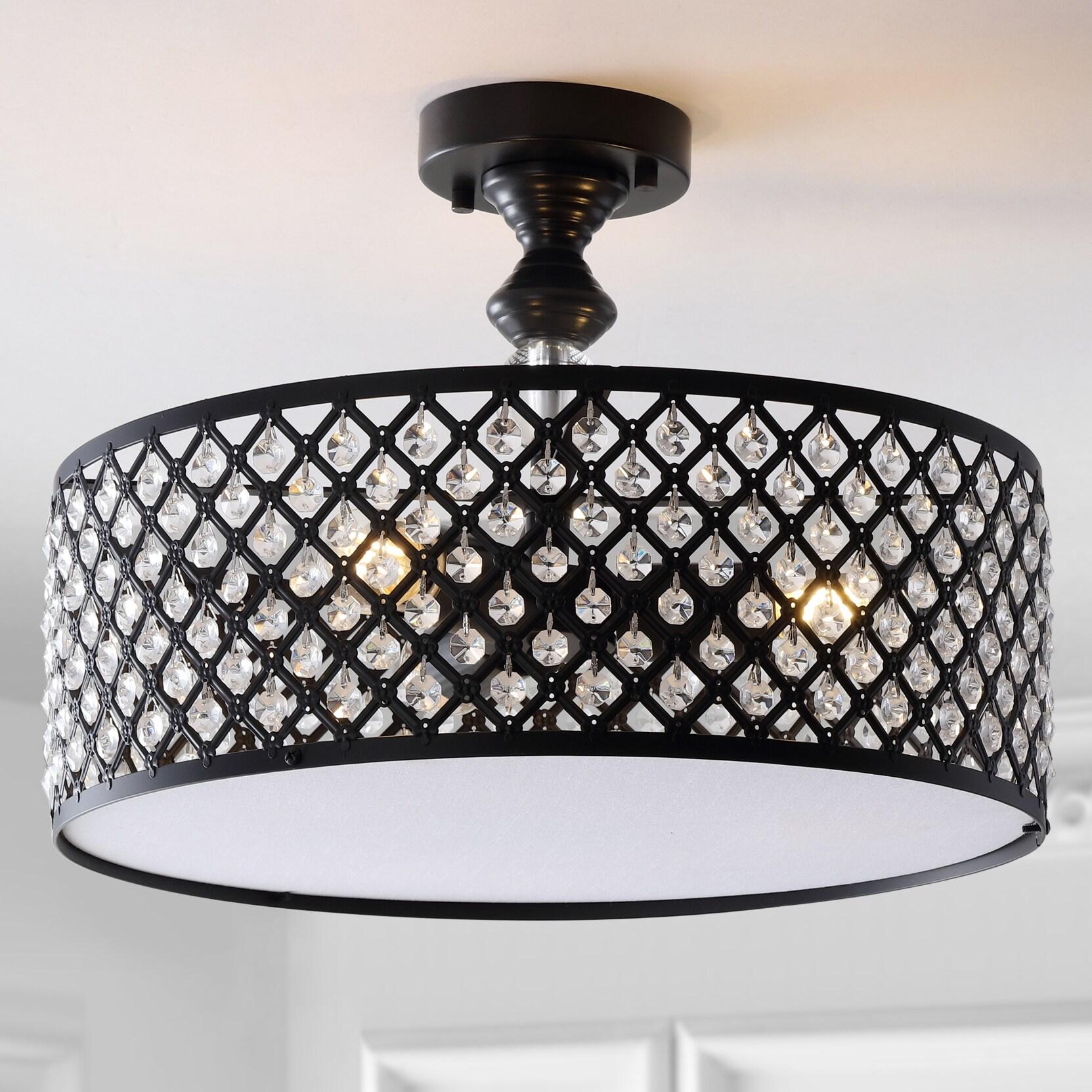 Elise 17" 3-Light Crystal/Metal Drum Semi-Flush Mount, Black