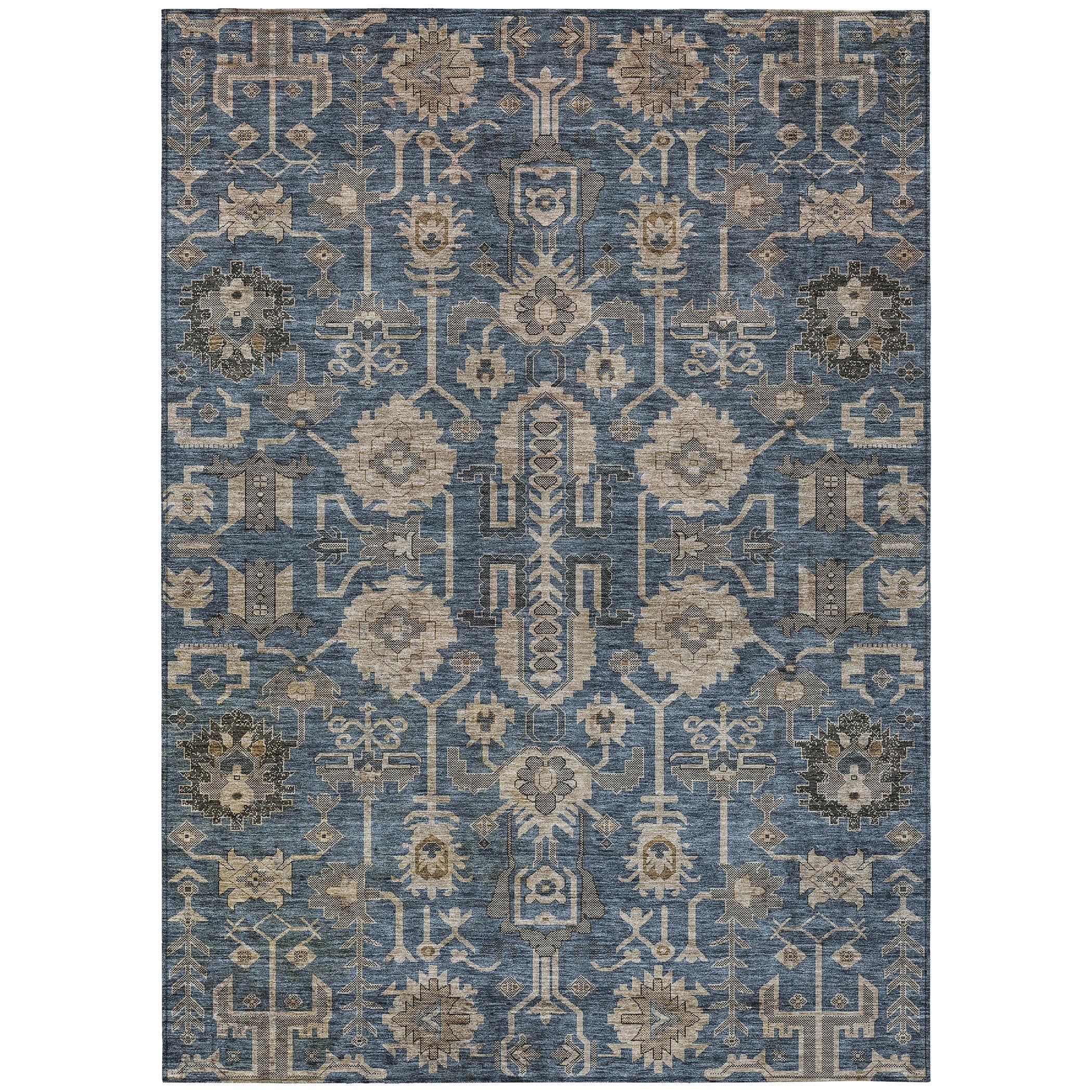 Navy and Beige Synthetic Flat Woven 8' x 10' Oriental Rug