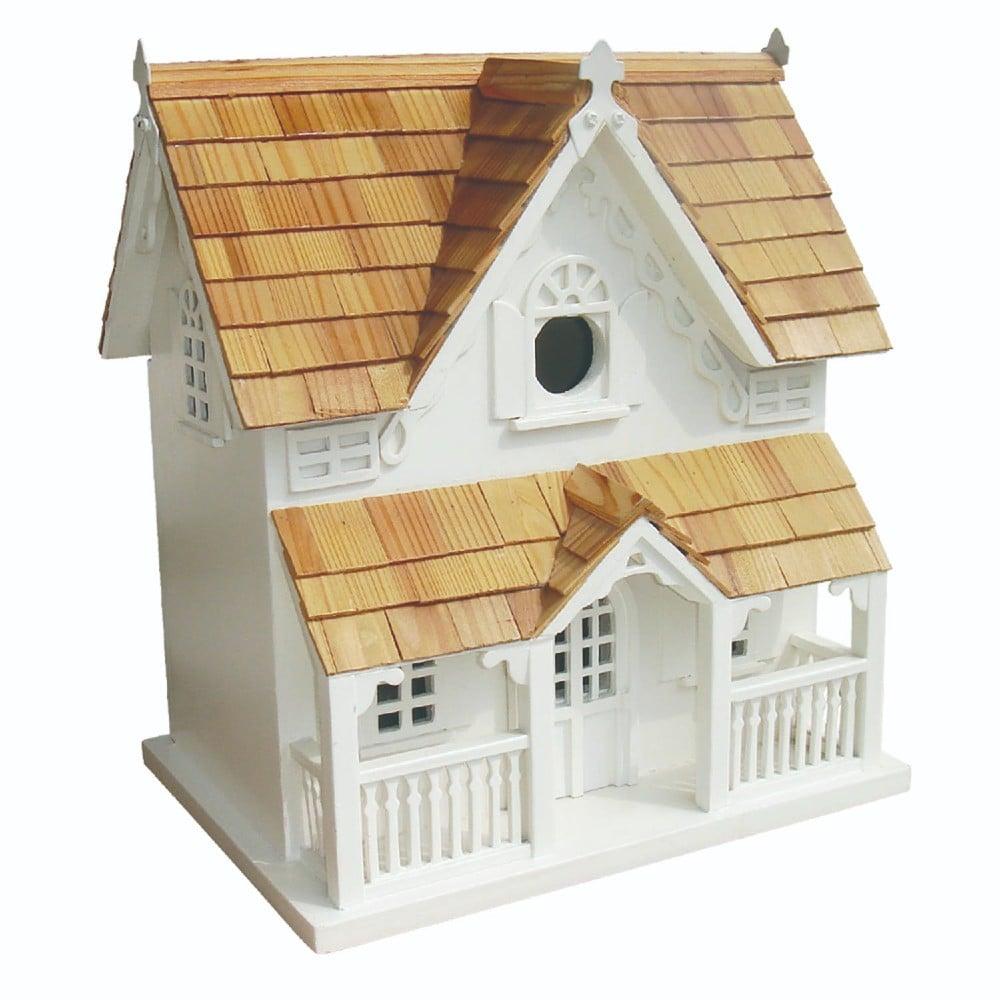 White and Natural Pine Gingerbread Cottage Birdhouse