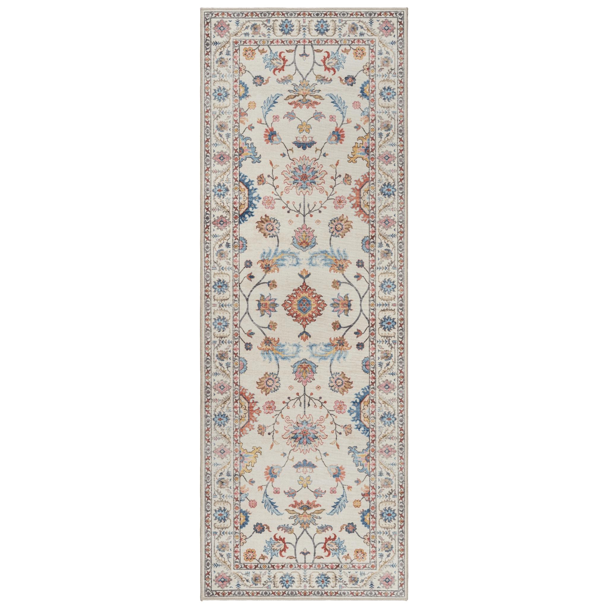 Gertmenian Crystal Print Cullen Ivory Cream Pink Multi Transitional Floral Border Washable Flat Pile Indoor Area Rug