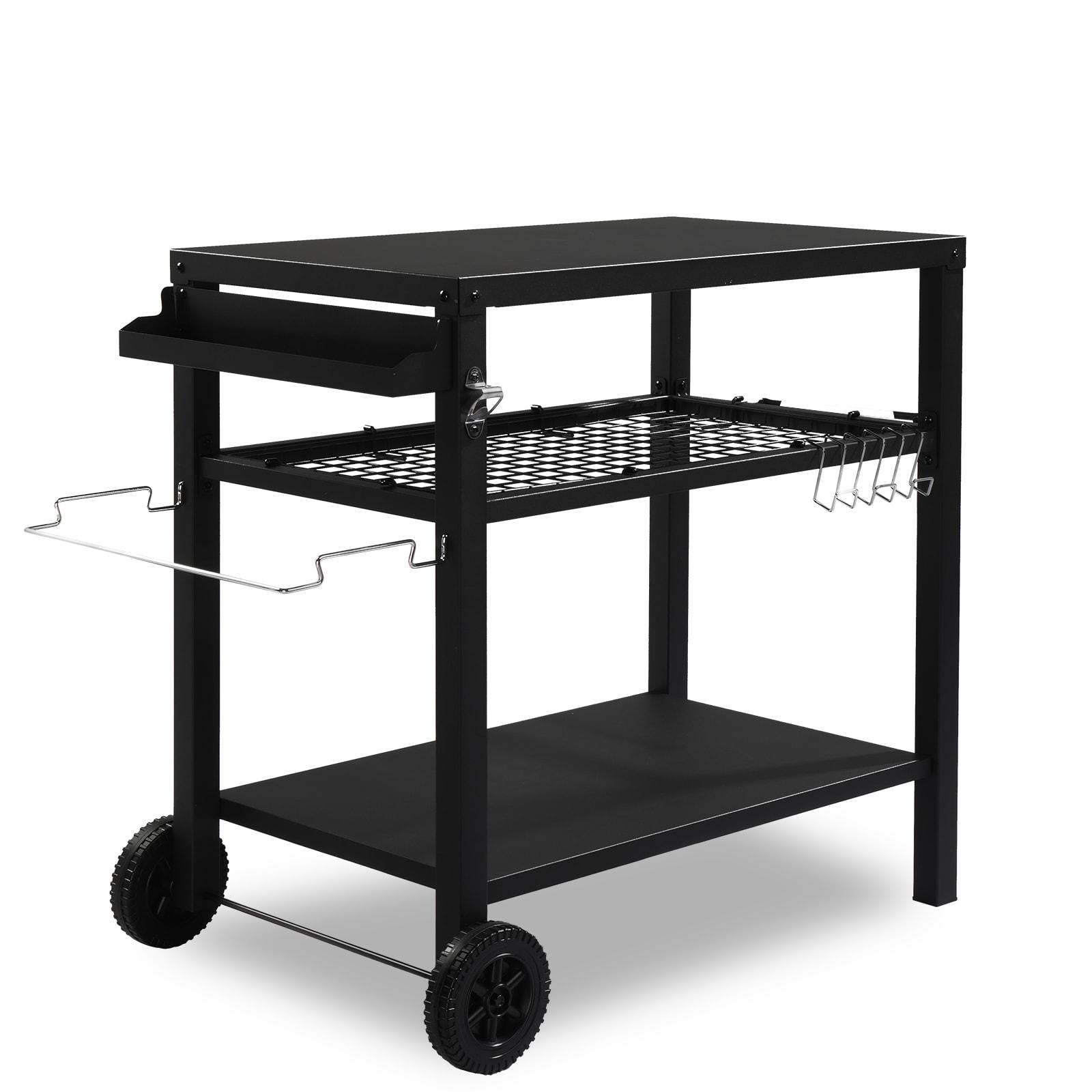 Ktaxon Grill Cart Grill Table Movable Dining Cart Preparation Work Table w/ Wheels & Hooks, Black