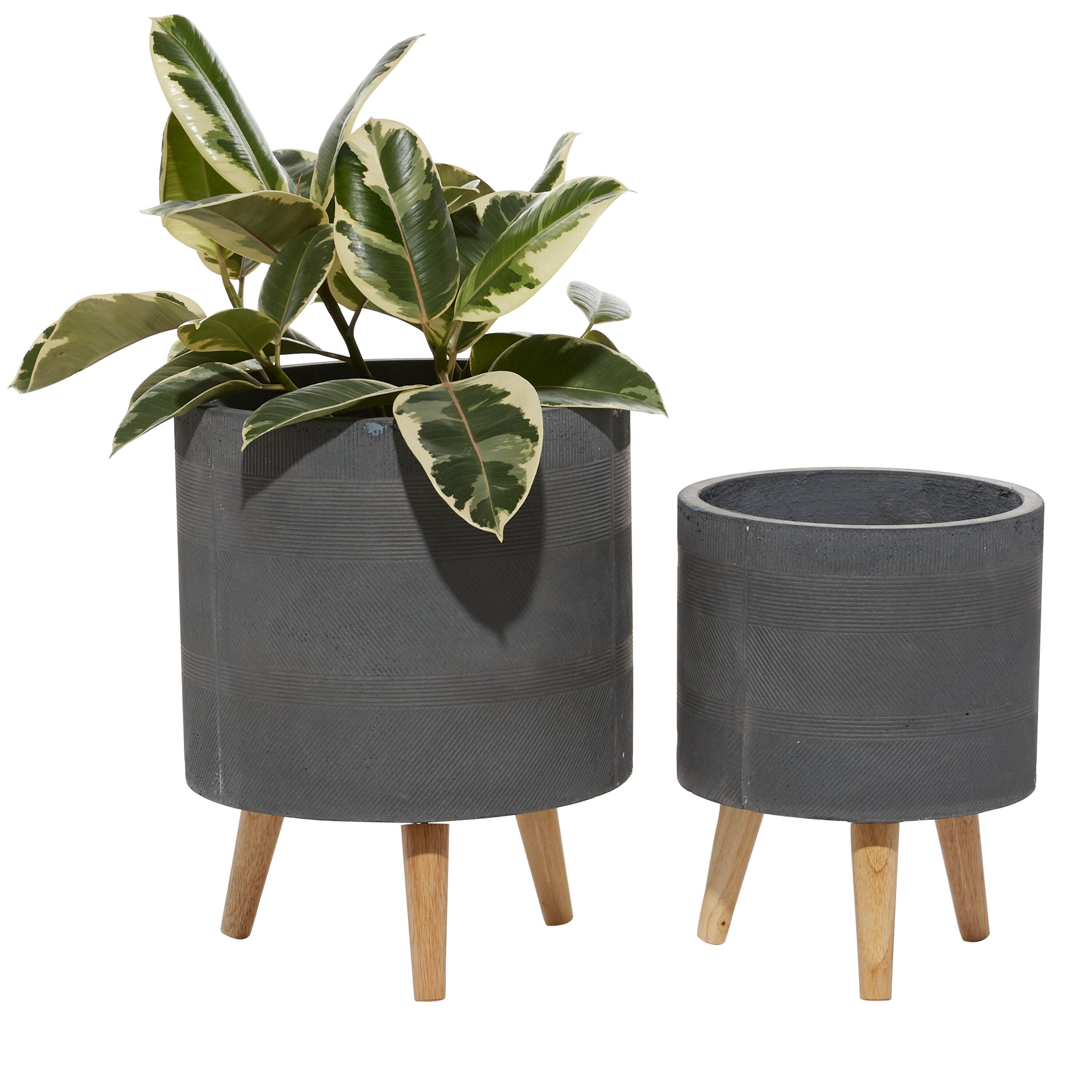 DecMode 13", 16"H Indoor Outdoor Gray Ceramic Planter with Wood Legs (2 Count)