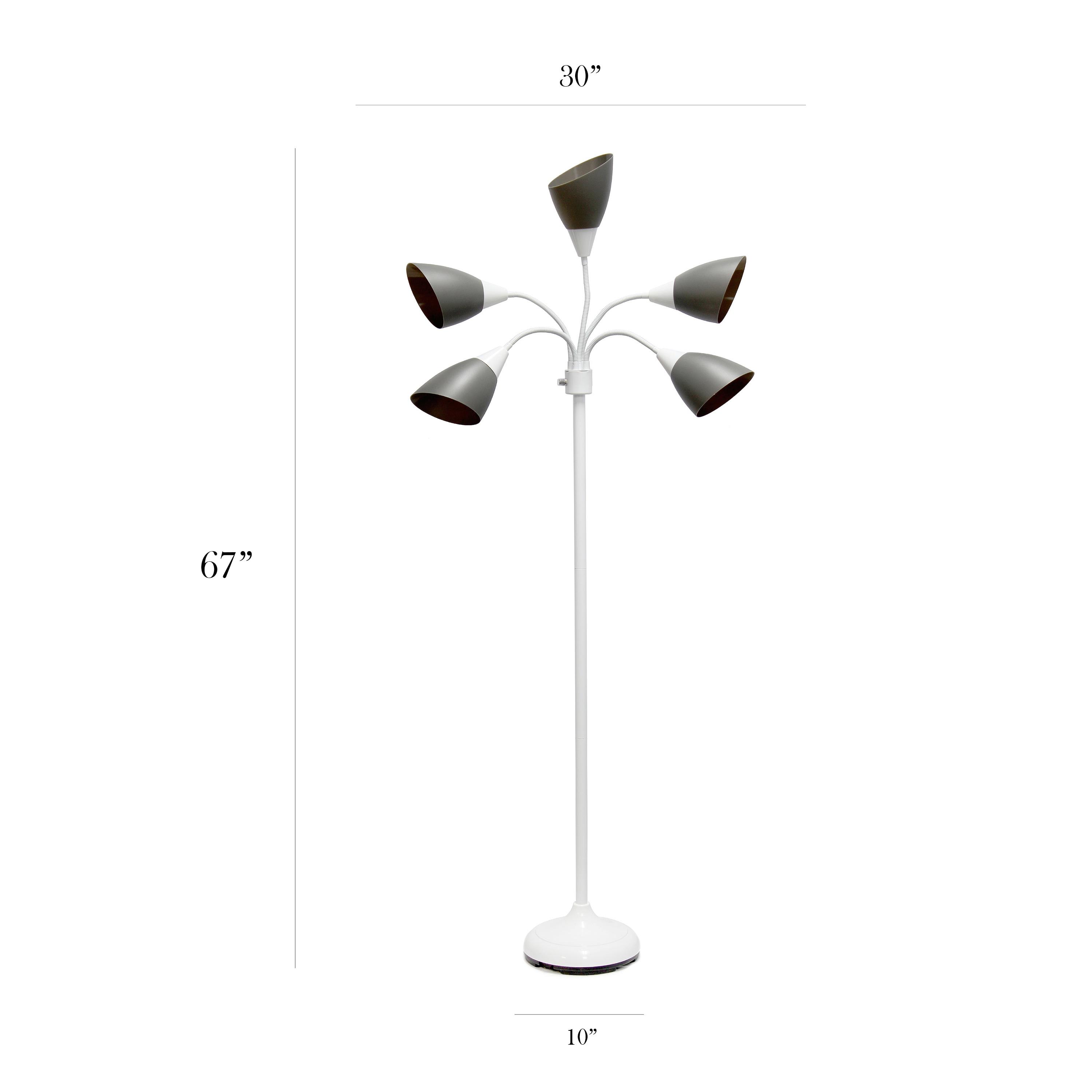 Simple Designs 67" Contemporary Multi 5-Head Adjustable Gooseneck Floor Lamp with Shades Gray : ETL Listed, Metal Body, Rotary Dimmer Switch