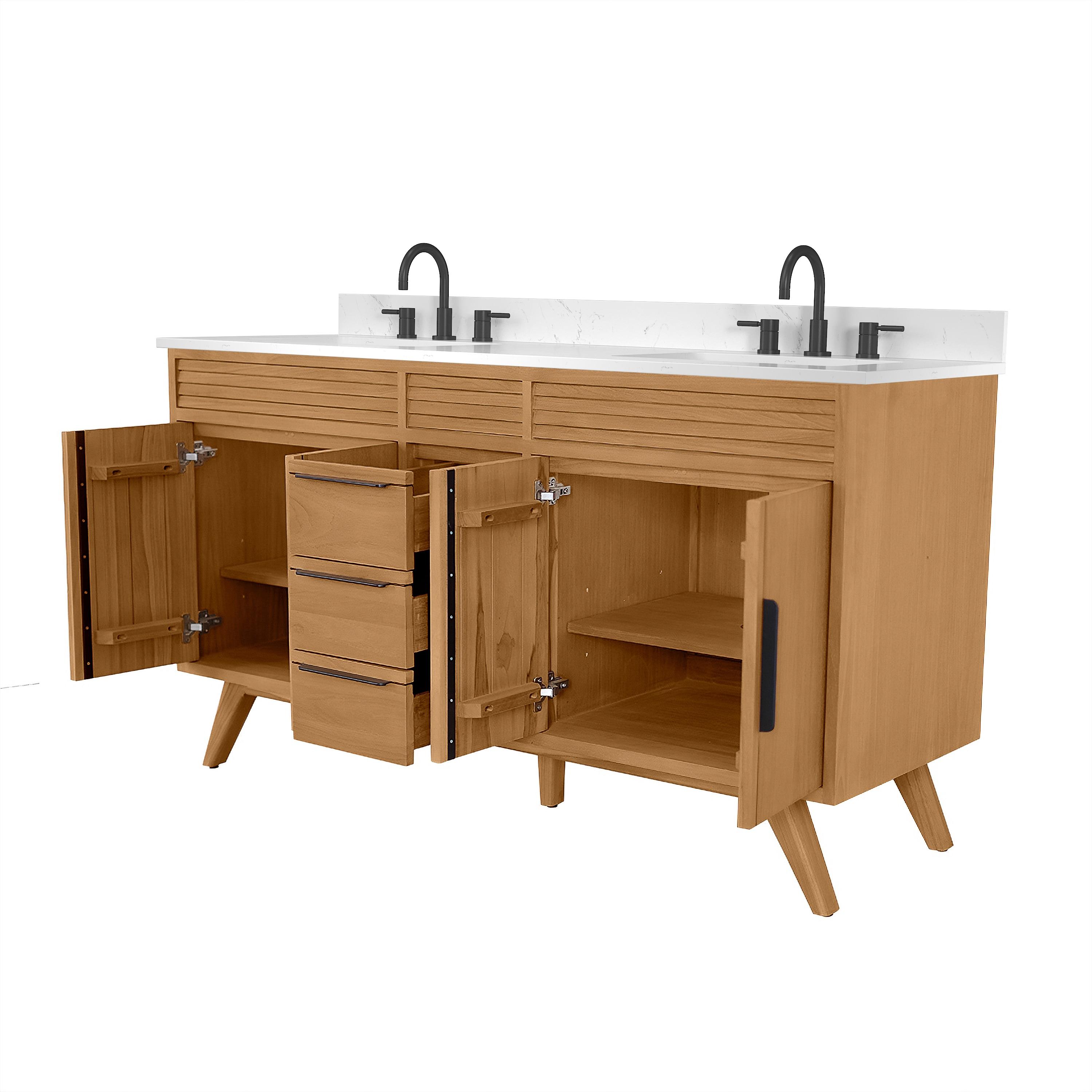 Taylor 61 in. Double Sink Bath Vanity in Natural Teak with Cala White Engineered Stone Top