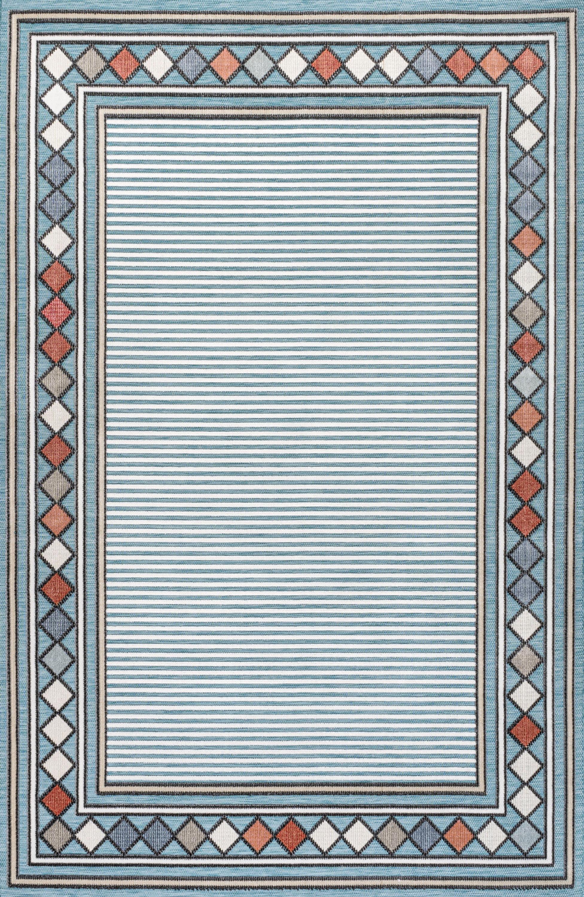 JONATHAN Y Sebastian High-Low Modern Diamond Border Blue/Ivory 5 ft. x 8 ft. Indoor/Outdoor Area Rug