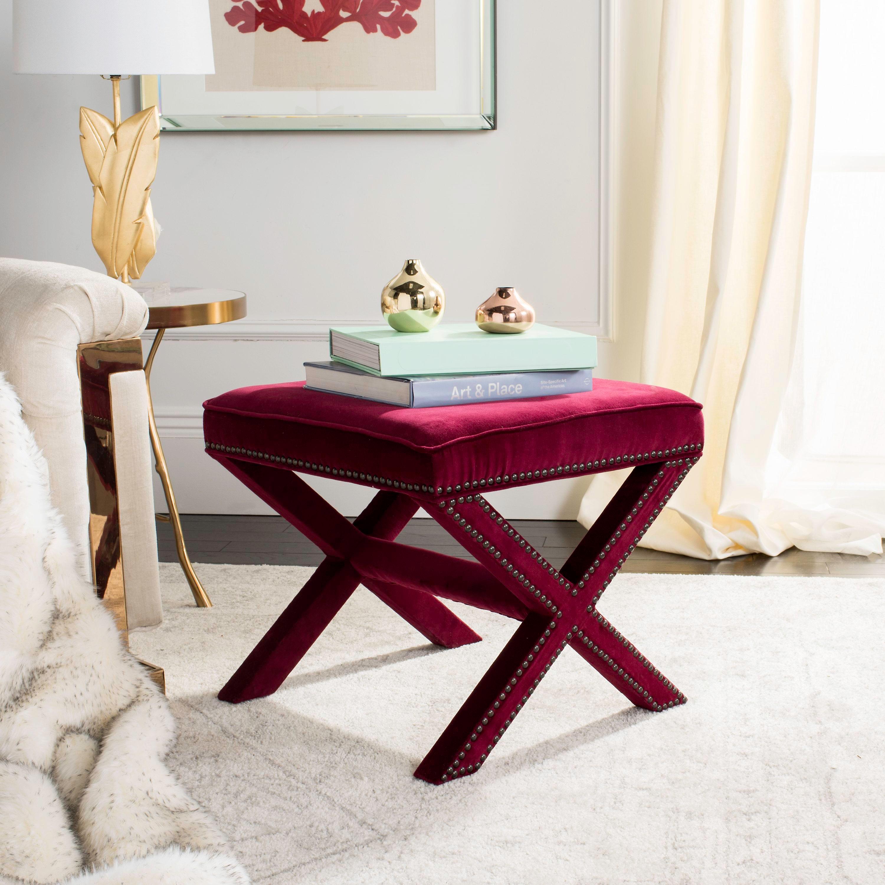 Palmer Ottoman with Brass Nail Heads - Red Velvet - Safavieh