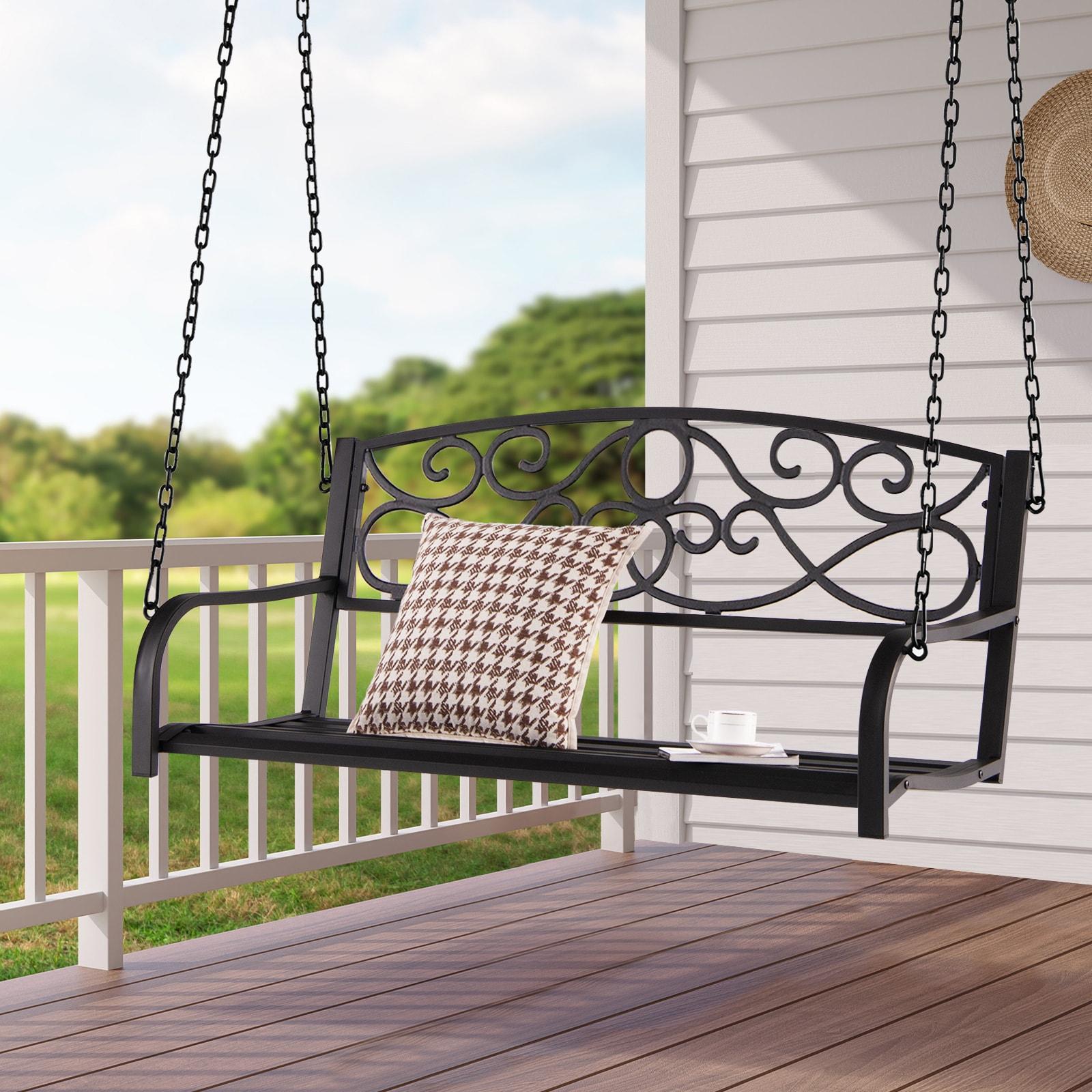 Resenkos Porch Swing, 2-Person Outdoor Porch Metal Hanging Swing Chair with Sturdy Chains-Brown, Hanging Outdoor Porch Swings for Garden, Backyard
