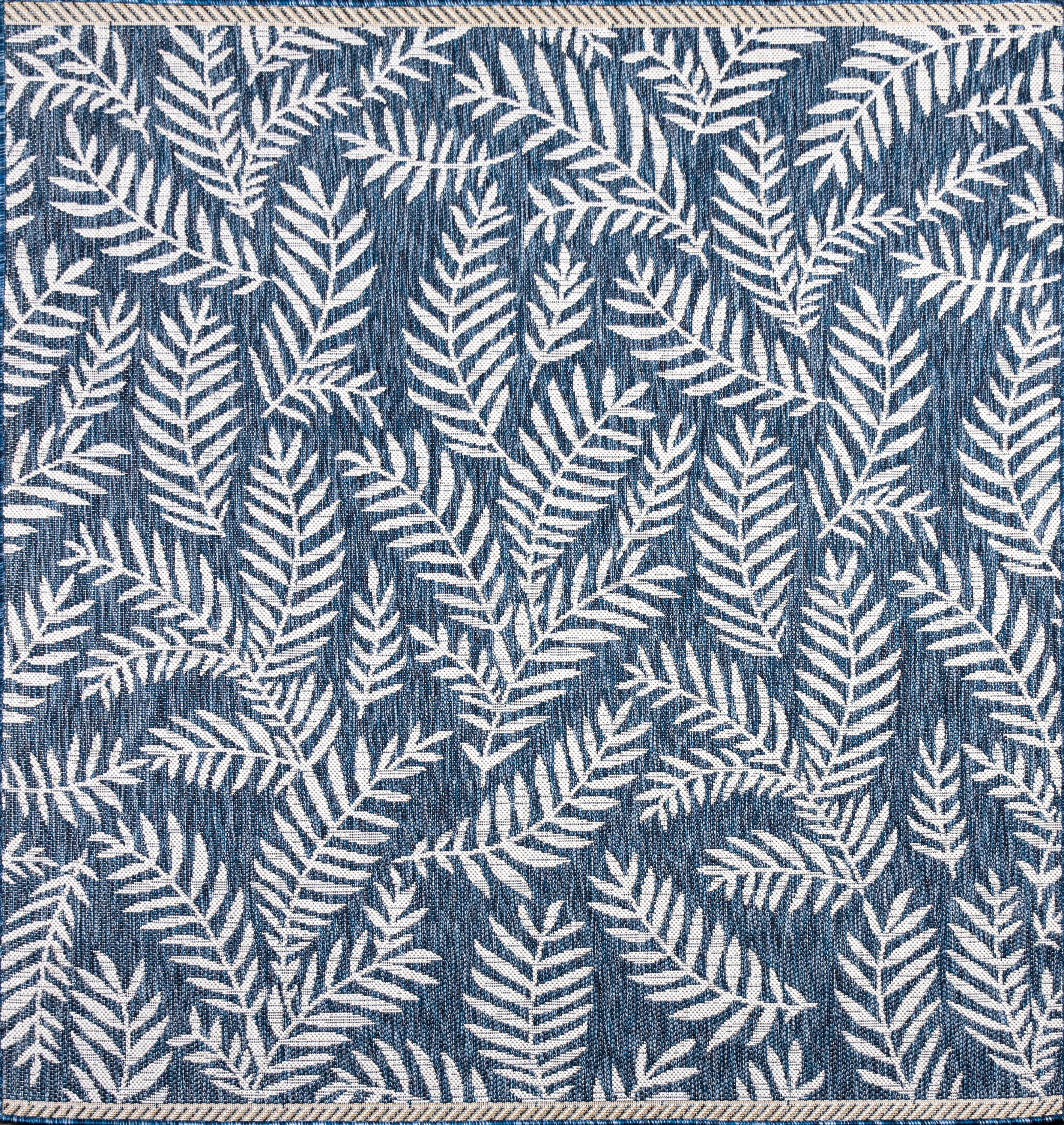 5' Square Nevis Palm Frond Indoor/Outdoor Area Rug, Navy/Ivory - JONATHAN Y