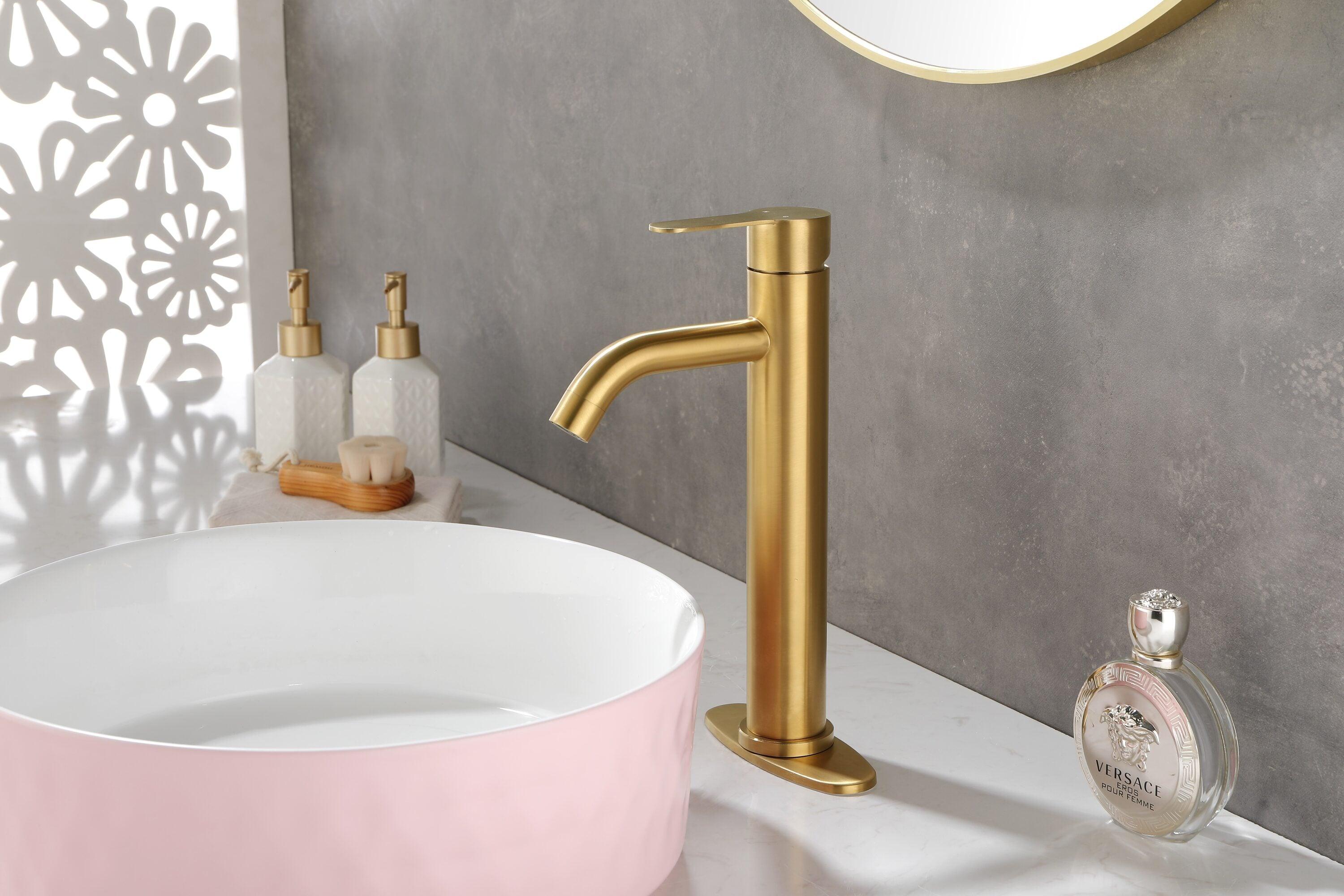 Gold Bathroom Faucets | Waterfall Single Hole Bathroom Sink Faucet with Deck Plate, 1 Hole Or 3 Hole for 4 Inch Brushed Gold Vanity Faucet with Pop-Up Drain Single Handle Lavatory Faucet