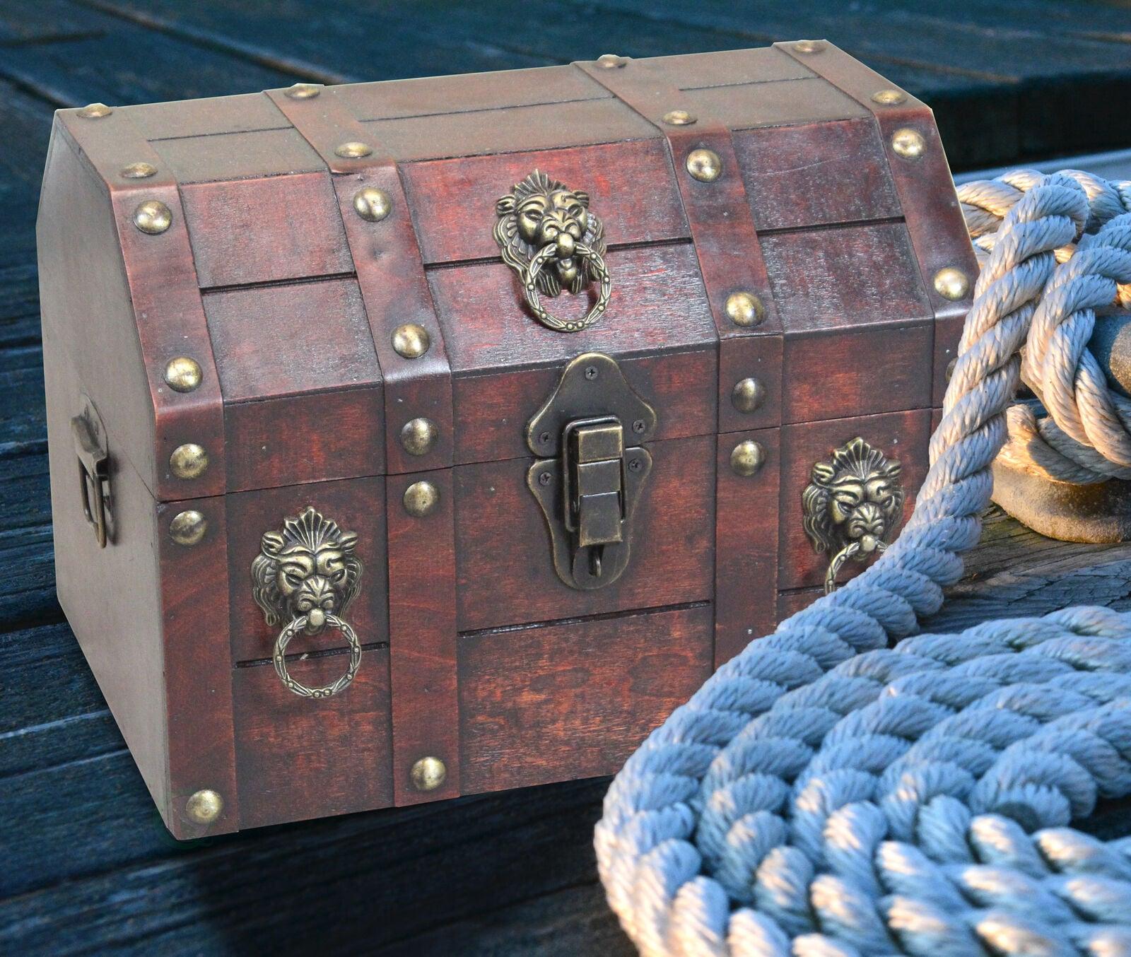 Quickway Imports Antique Wooden Pirate Treasure Chest with Lion Rings and Lockable Latch