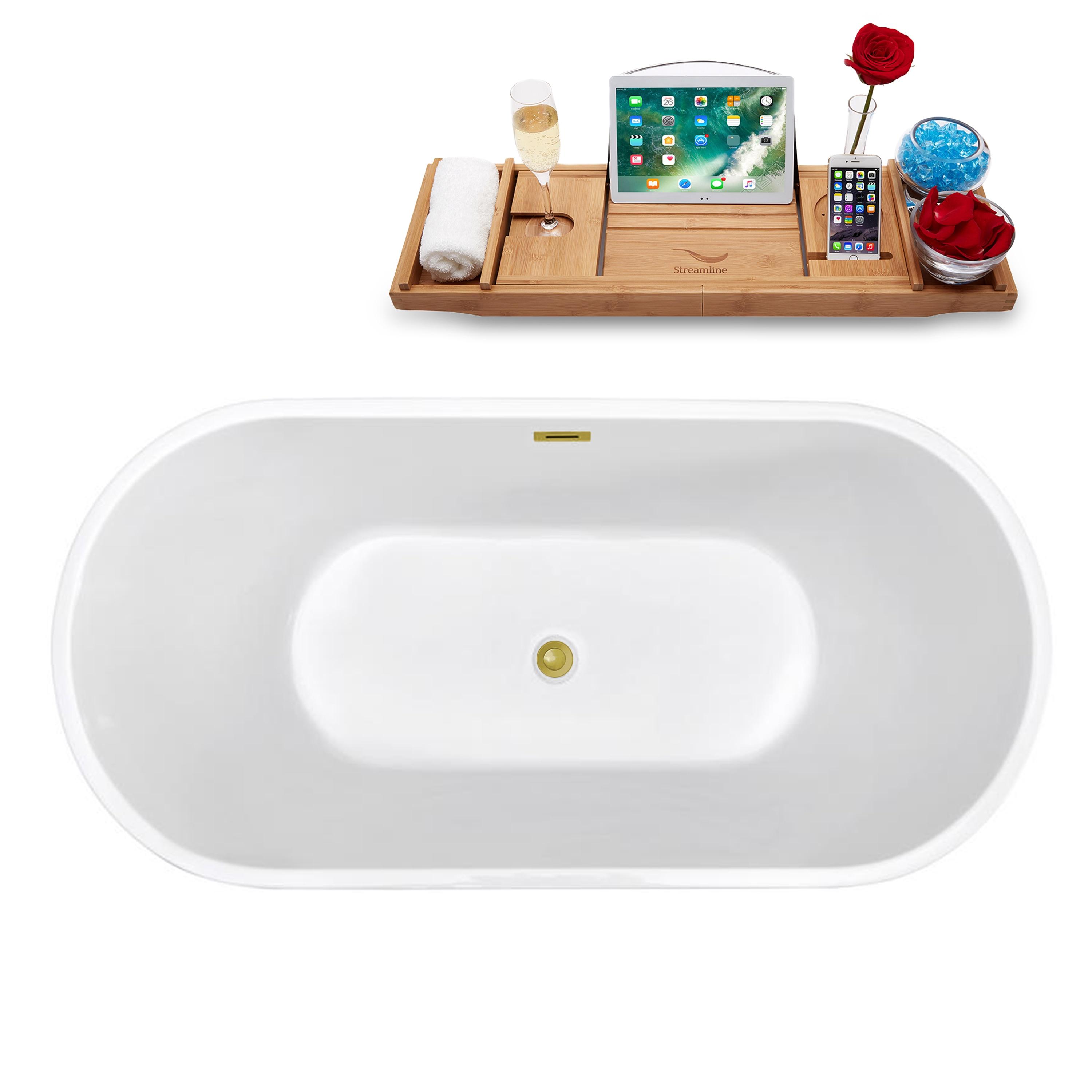 60" Streamline Freestanding Soaking Acrylic Bathtub With Drain and Bamboo Tray