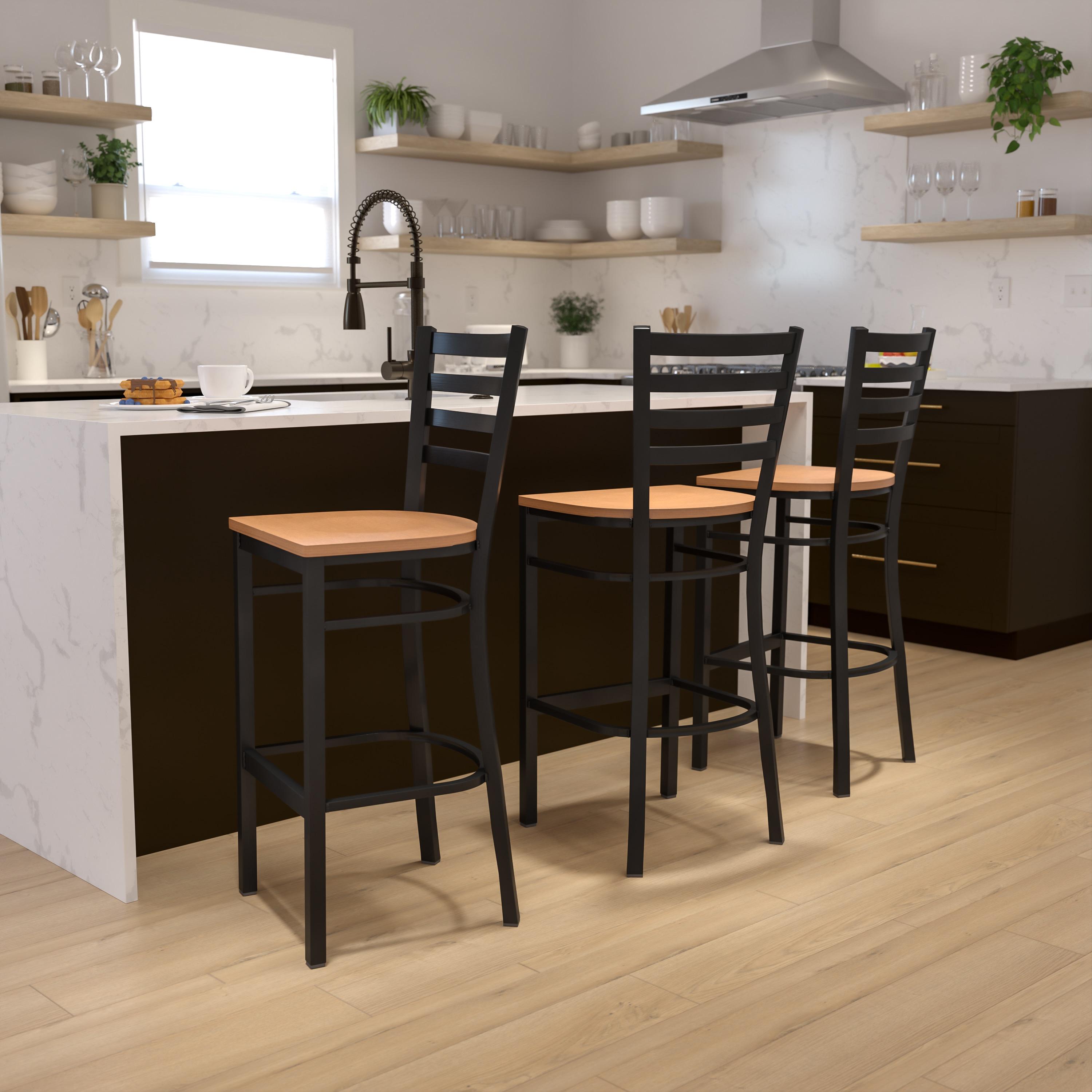 Flash Furniture HERCULES Series Black Ladder Back Metal Restaurant Barstool - Natural Wood Seat