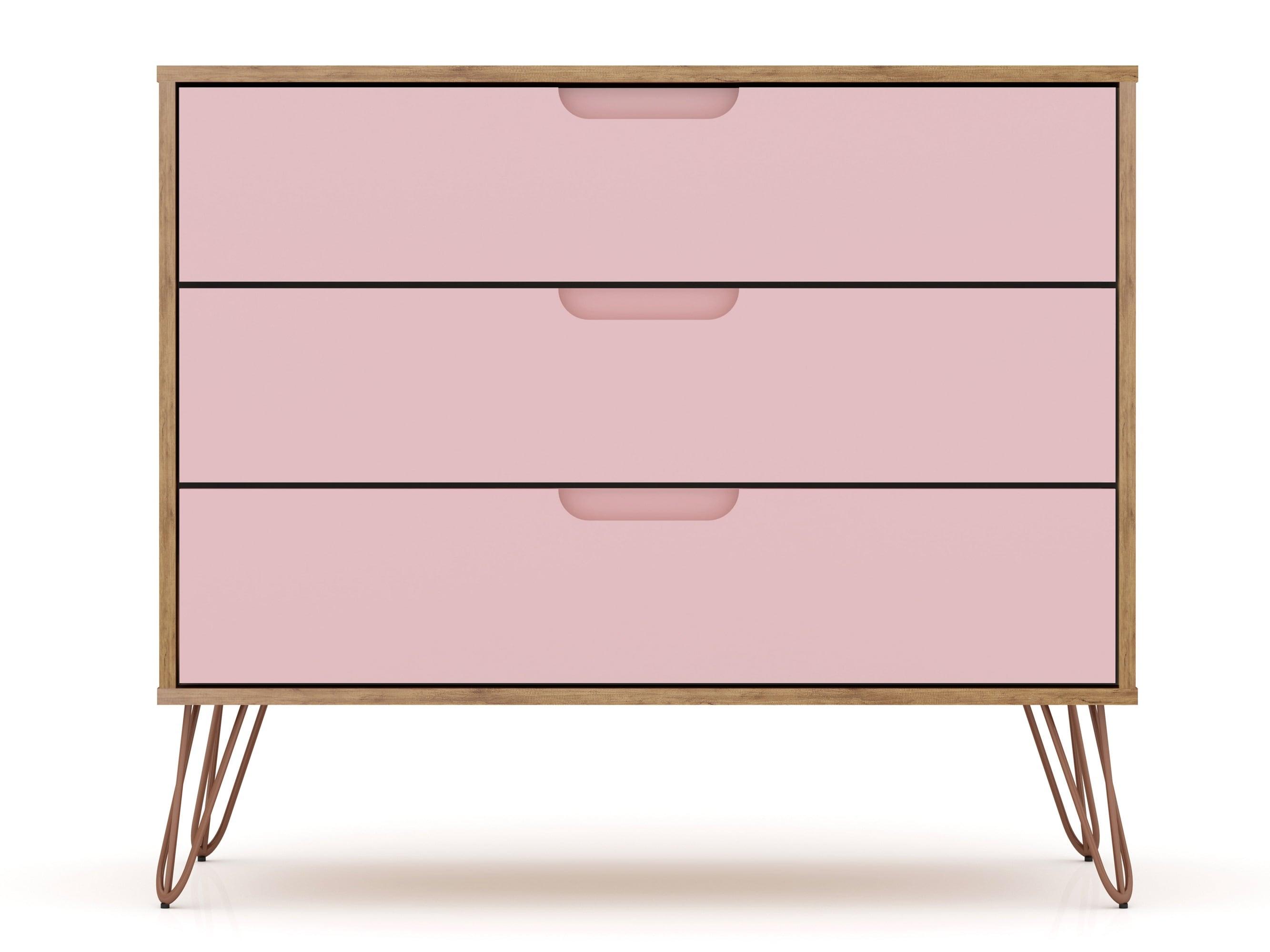 Set of 2 Rockefeller 3 Drawer Dresser Nature/Rose Pink - Manhattan Comfort: MDF Bedroom Storage, Easy-Glide, 6 Drawers