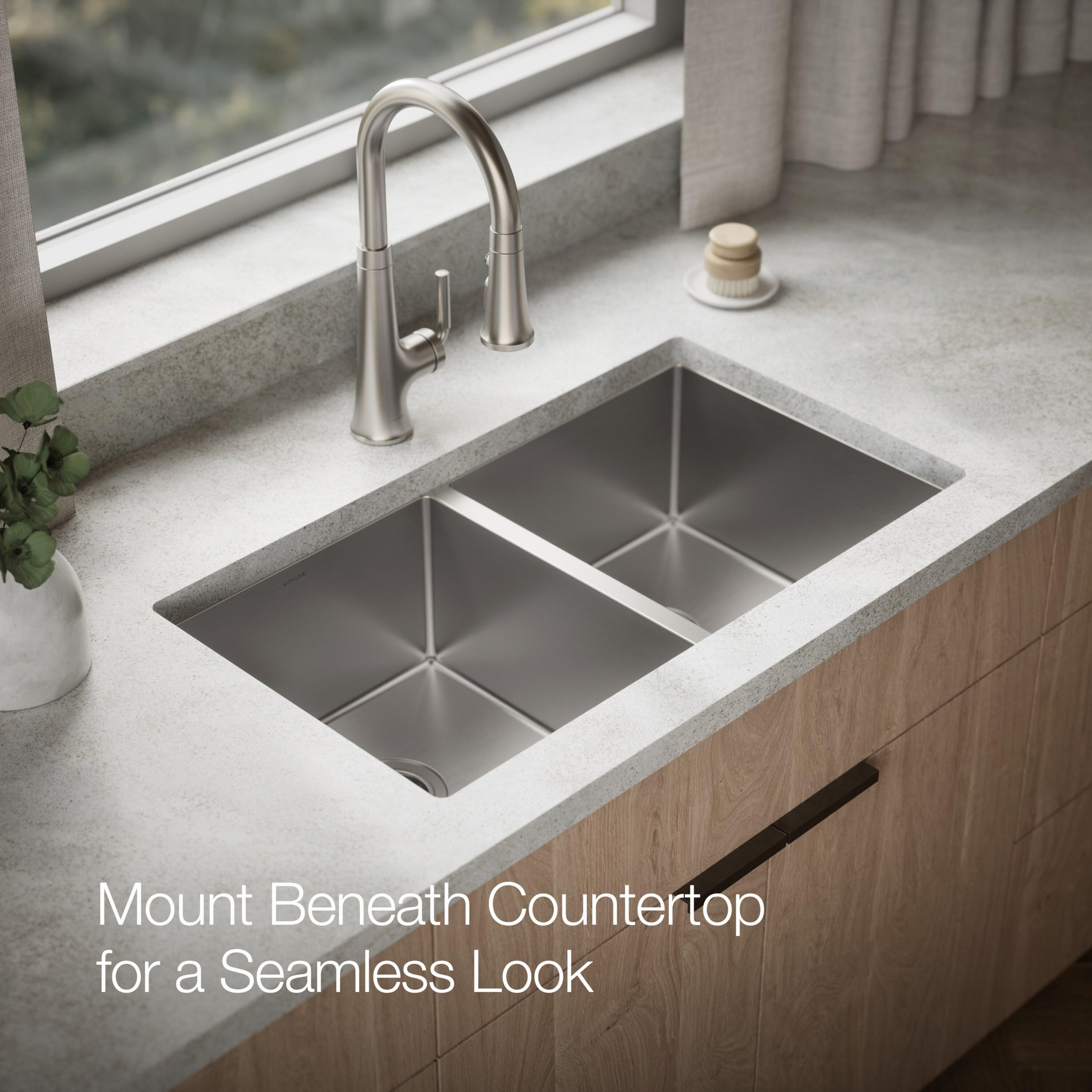 Strive 32" L x 18-1/4" W x 9-5/16" Under-Mount Double-Equal Kitchen Sink with Basin Rack