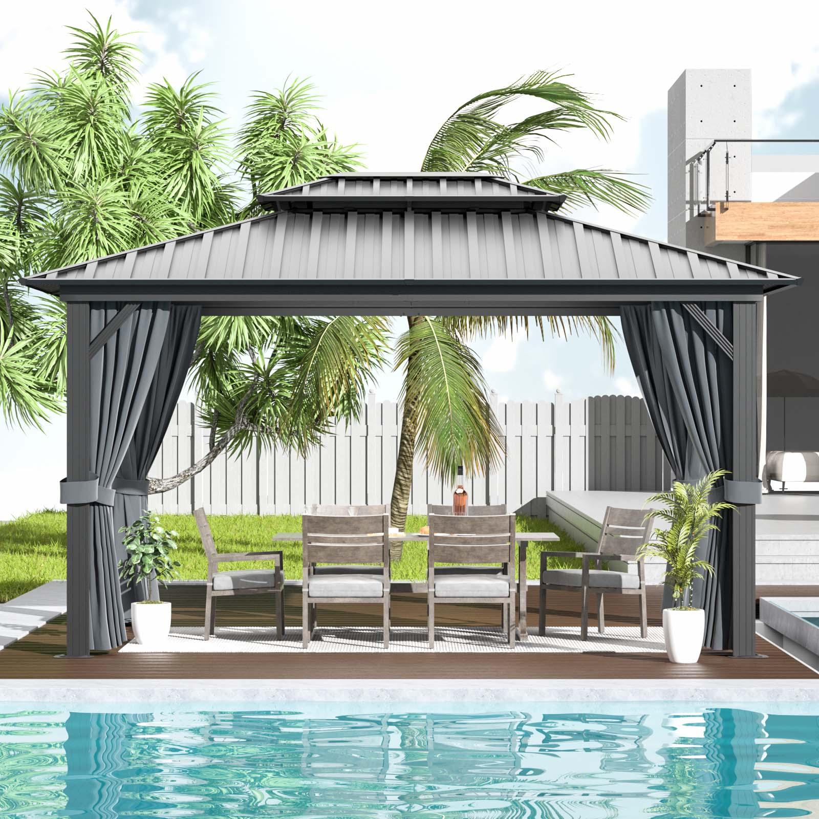 Sunmthink 10x12 ft. Hardtop Gazebo with Mosquite Netting, Double Metal Roof for Lawn and Garden, Brown