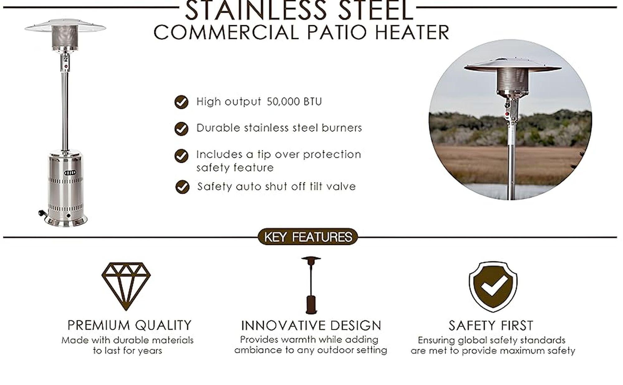 Fire Sense Fire Sense Performance Series Patio Heater with Wheels 50,000 BTU Output-Unpainted Stainless Steel