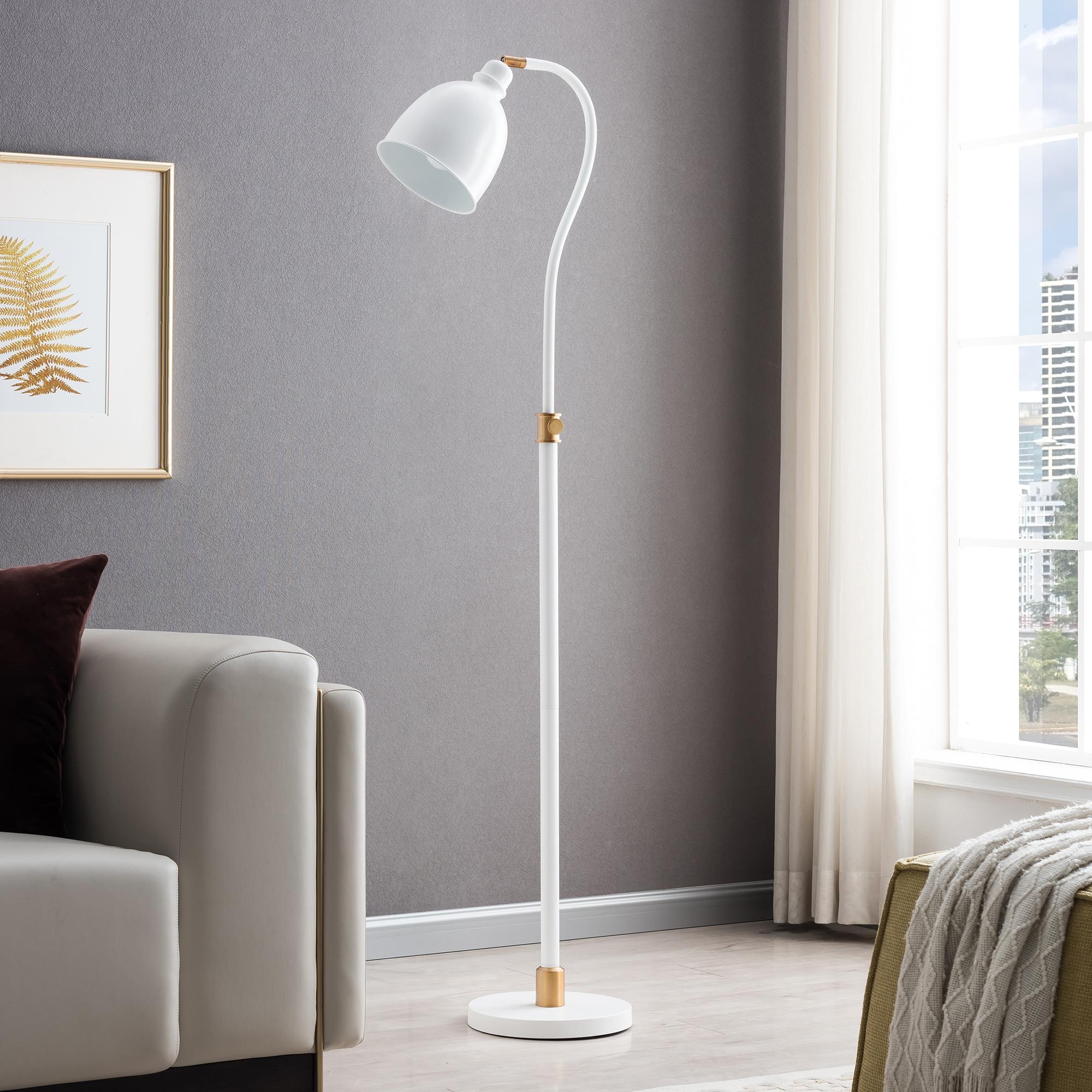 Evelyn&Zoe Vincent Adjustable/Arc Floor Lamp with Metal Shade, Matte White/Brass/Matte White