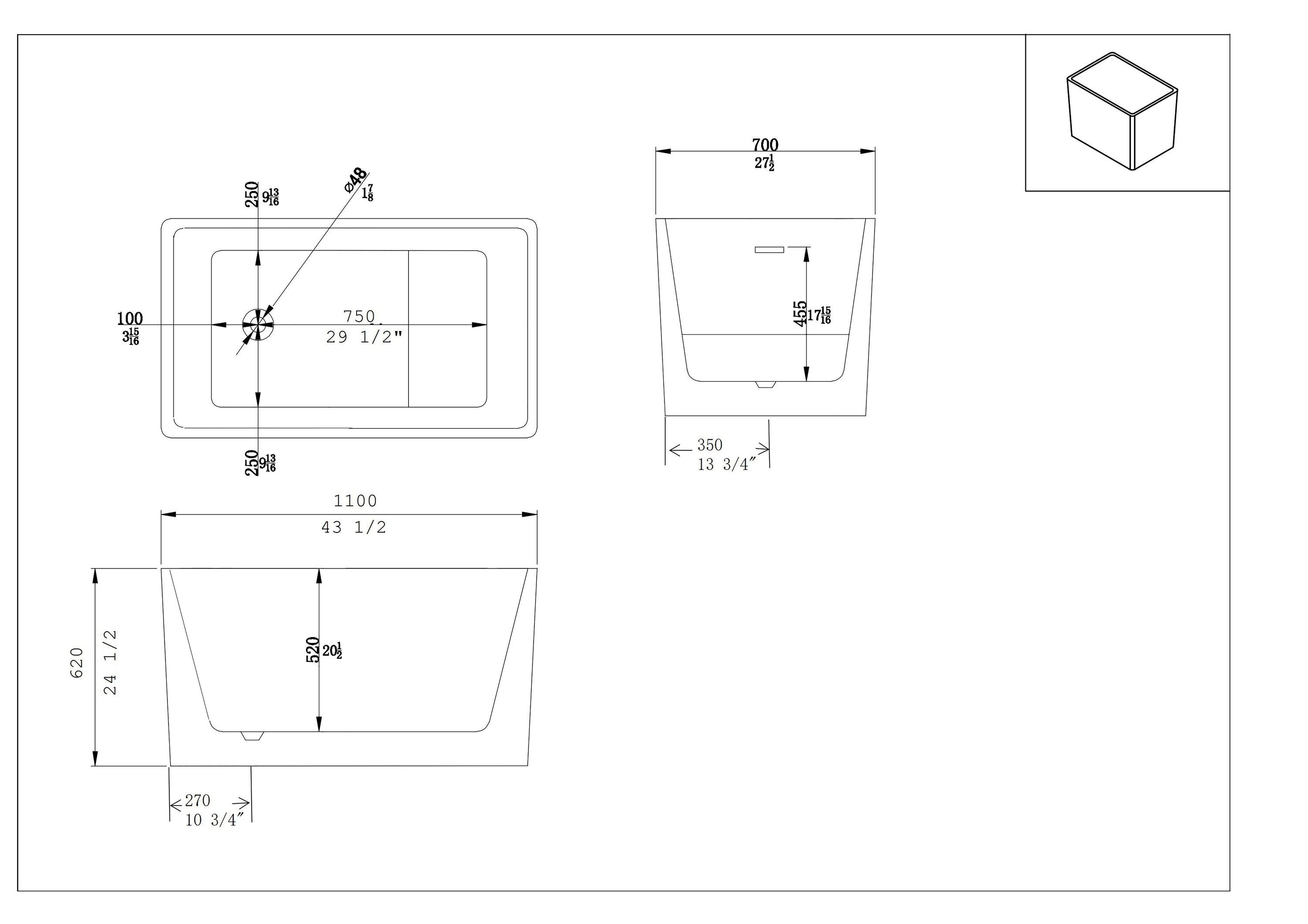 43.25'' x 27.5" Freestanding Soaking Acrylic Bathtub
