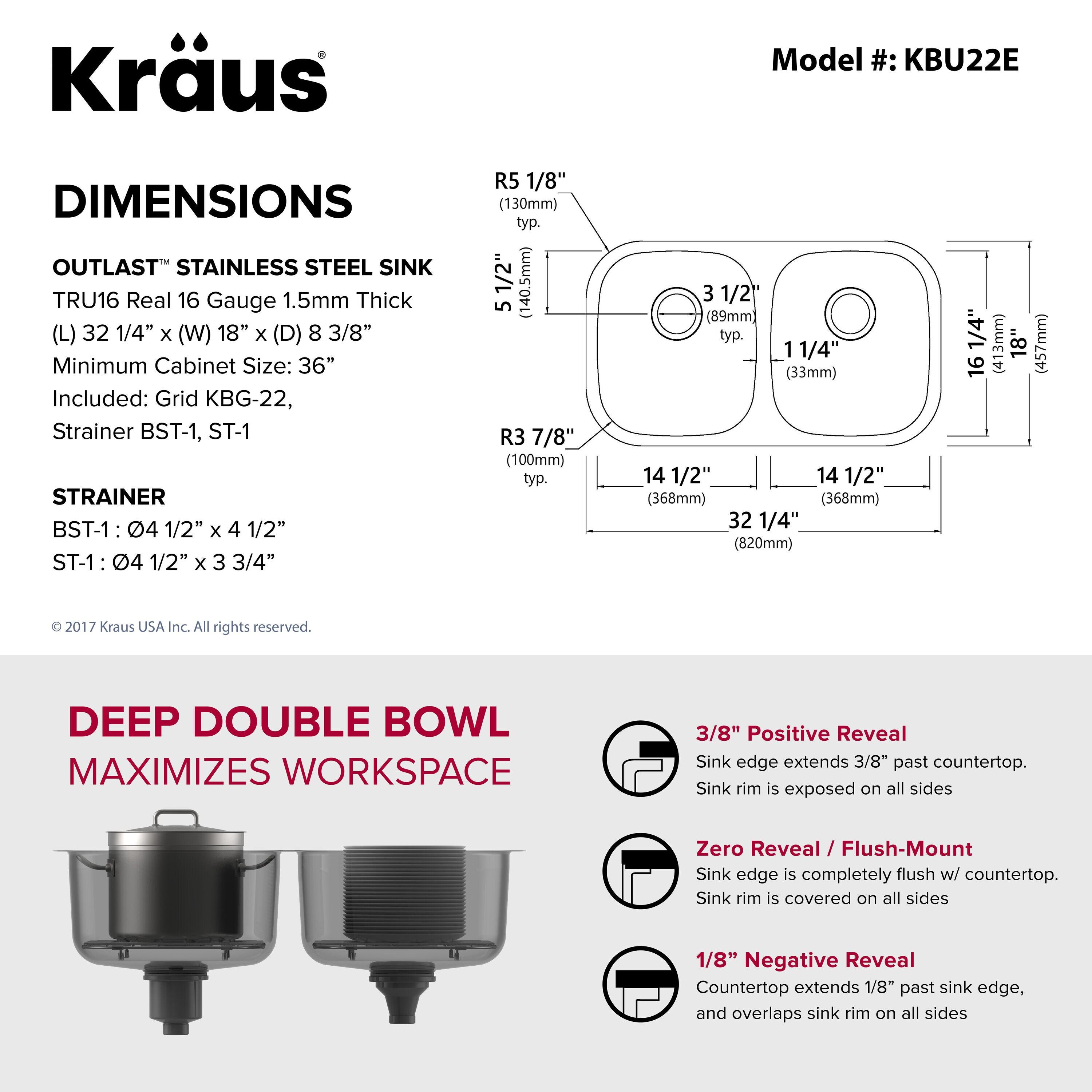 KRAUS Outlast MicroShield™ Scratch-Resist Stainless Steel Undermount 50/50 Double Bowl Sink, 32" L 16 Gauge