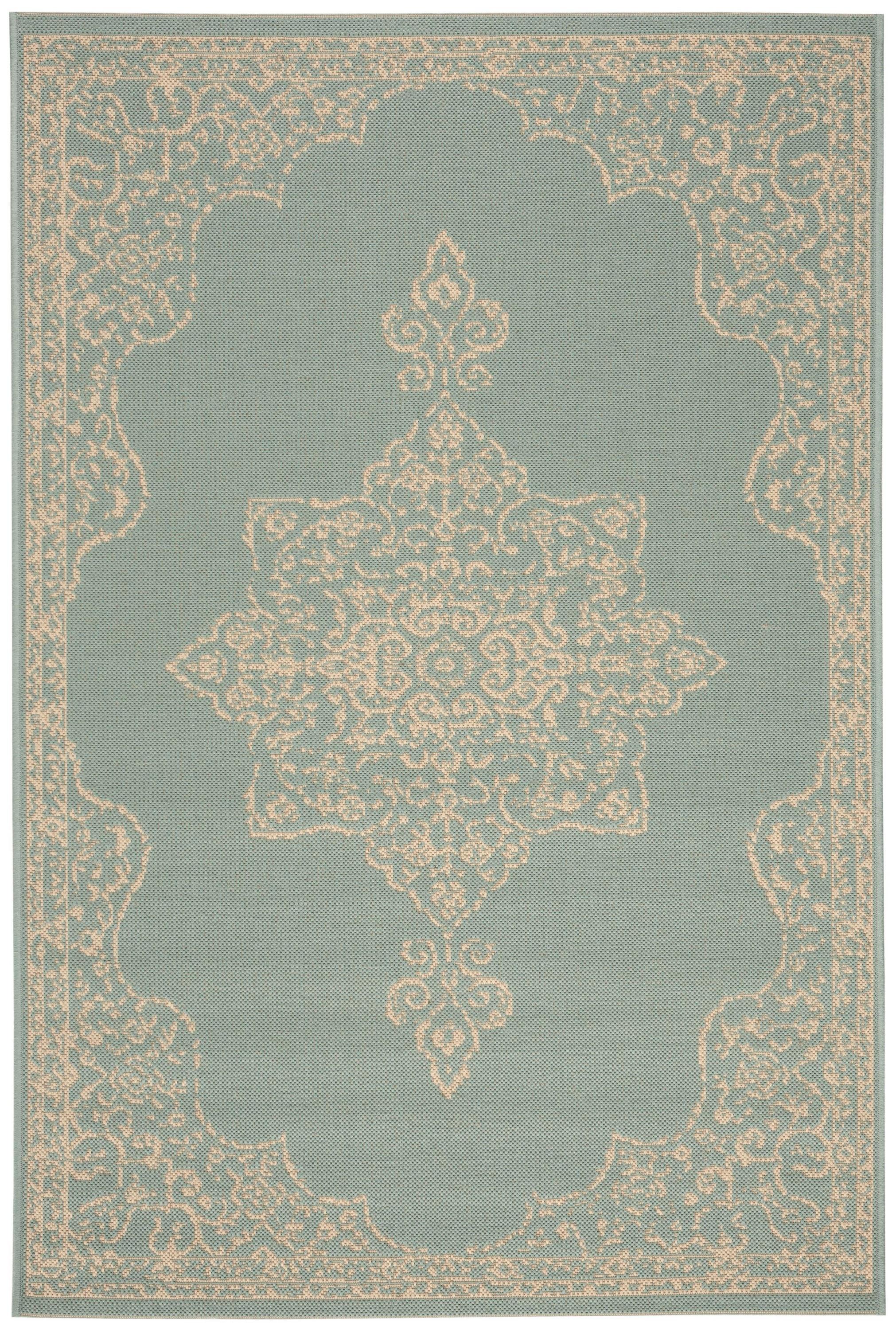 SAFAVIEH Beach House Janine Medallion Indoor/Outdoor Area Rug, Cream/Aqua, 2'2" x 4'