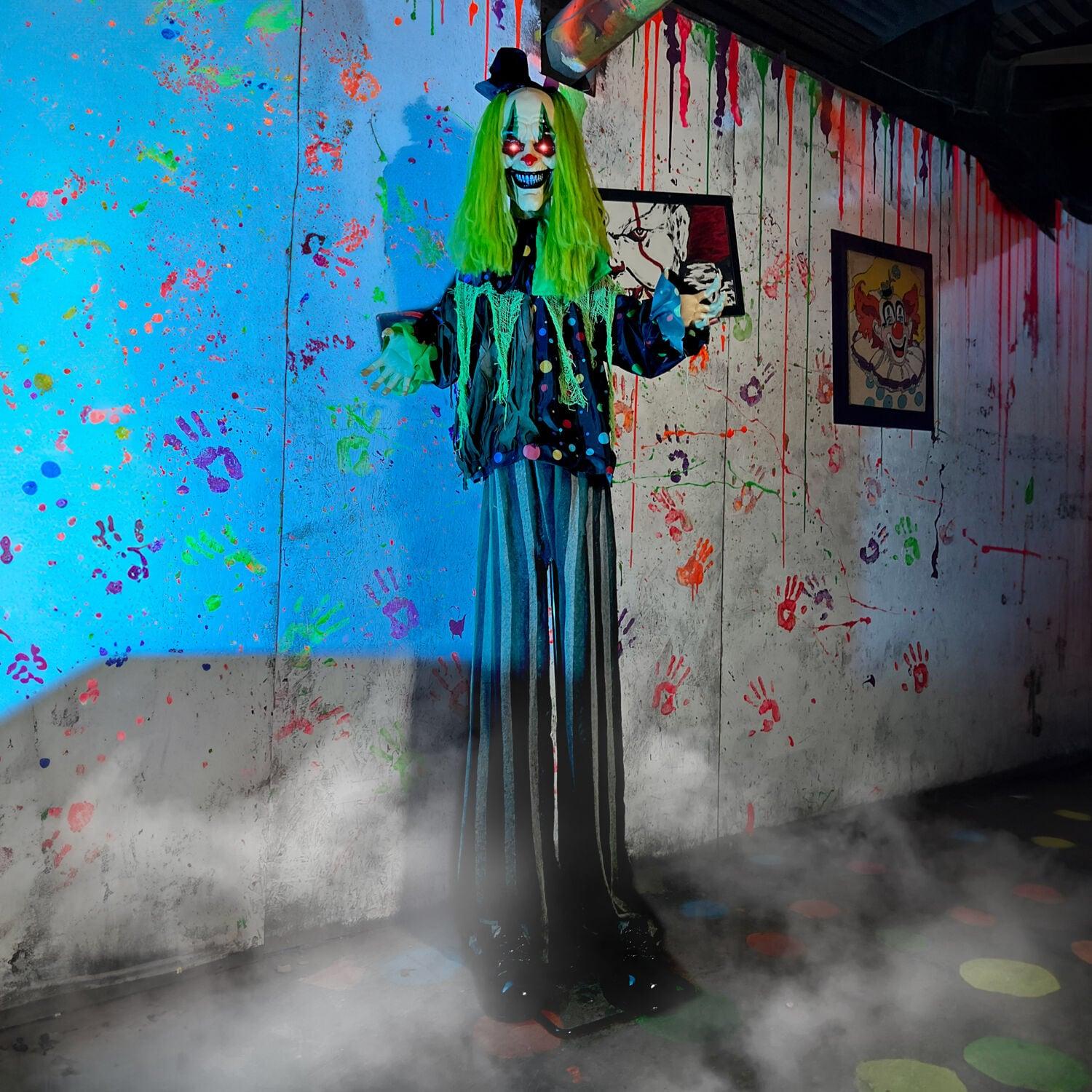 Haunted Hill Farm Lifesize Animatronic Clown with Lights and Sound, Indoor/Covered Outdoor Halloween Decoration