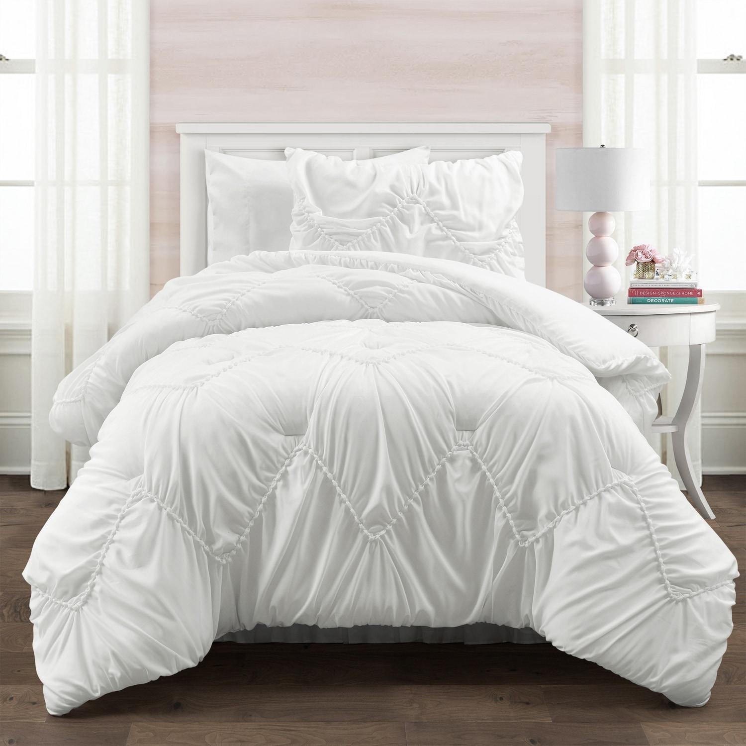 White Twin Microfiber Ruched Chevron Comforter Set