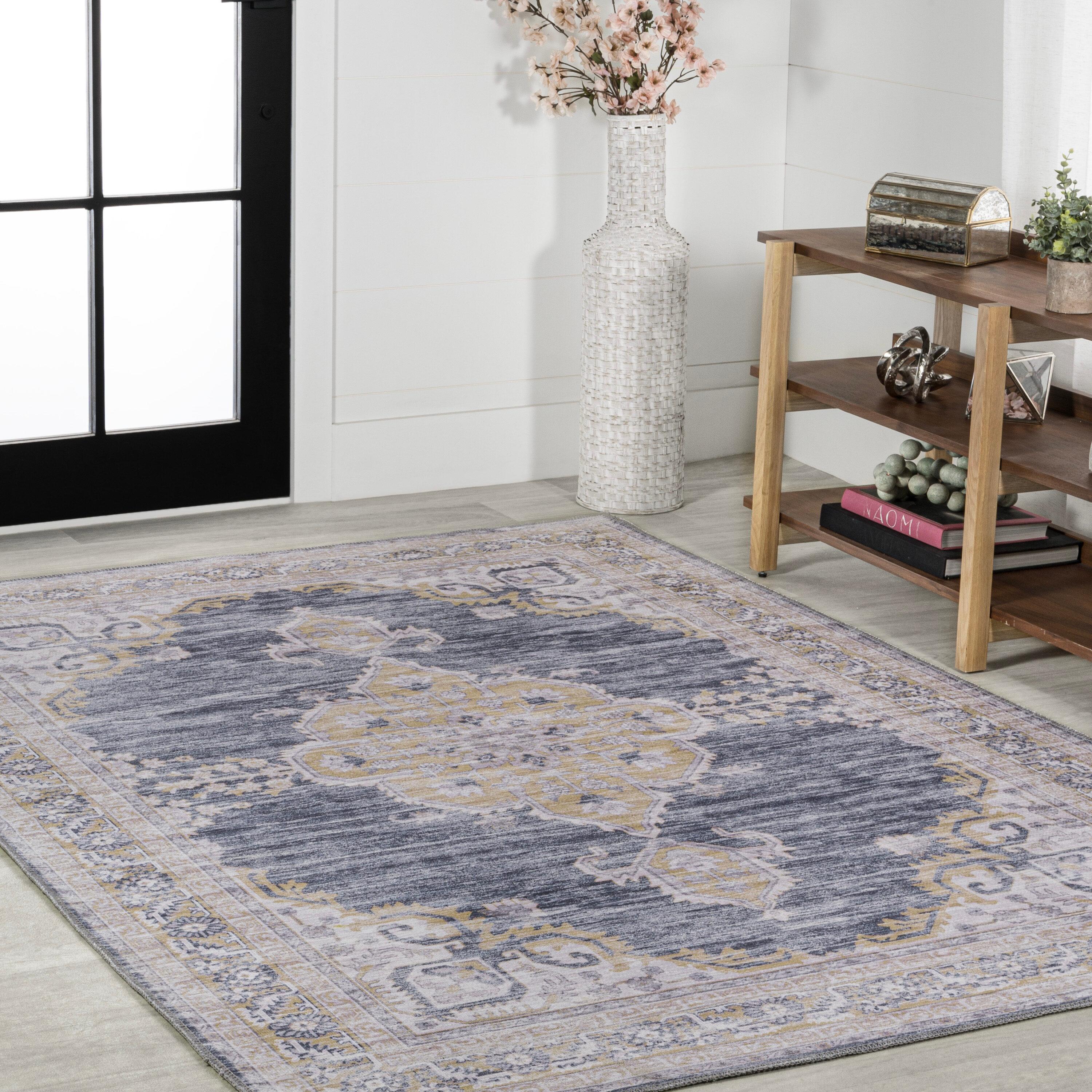 Wincer Chenille Cottage Medallion Machine-Washable Dark Gray/Yellow 3 ft. x 5 ft. Area Rug - JONATHAN Y