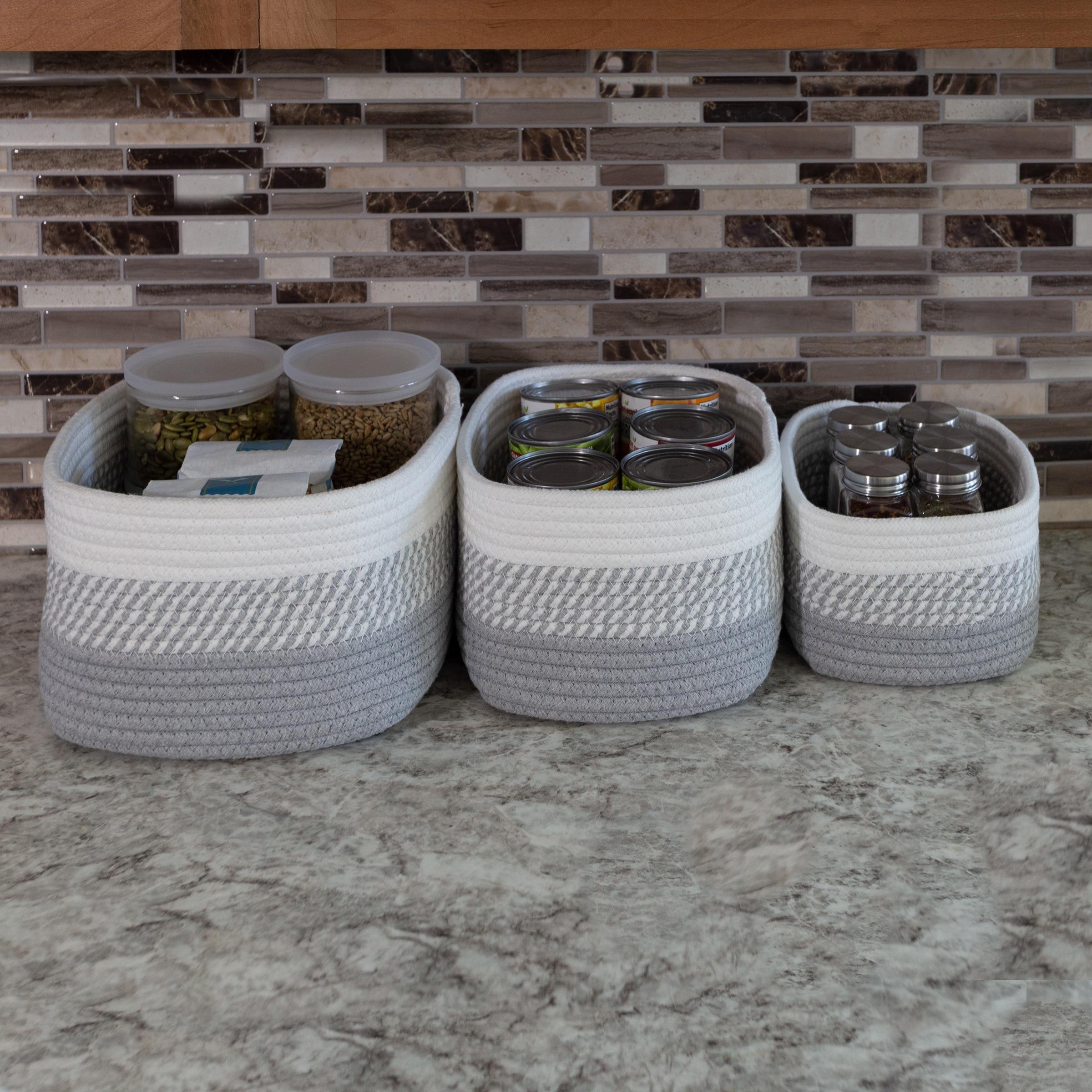 Home-Complete 3pc Storage Basket Set Gray: Cotton Cloth Bins for Shelves, Square Decorative Organizers, Hand Washable