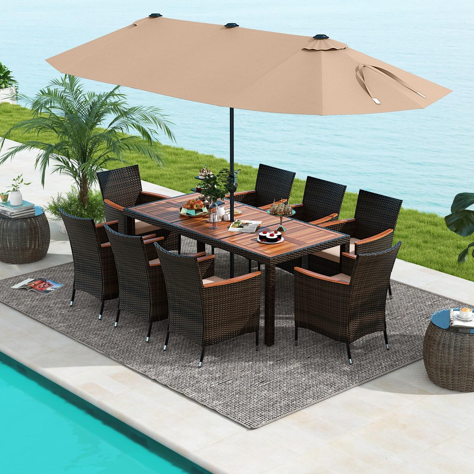 Costway 15FT Double-Sided Twin Patio Umbrella Outdoor Market W/ Crank & Base Coffee
