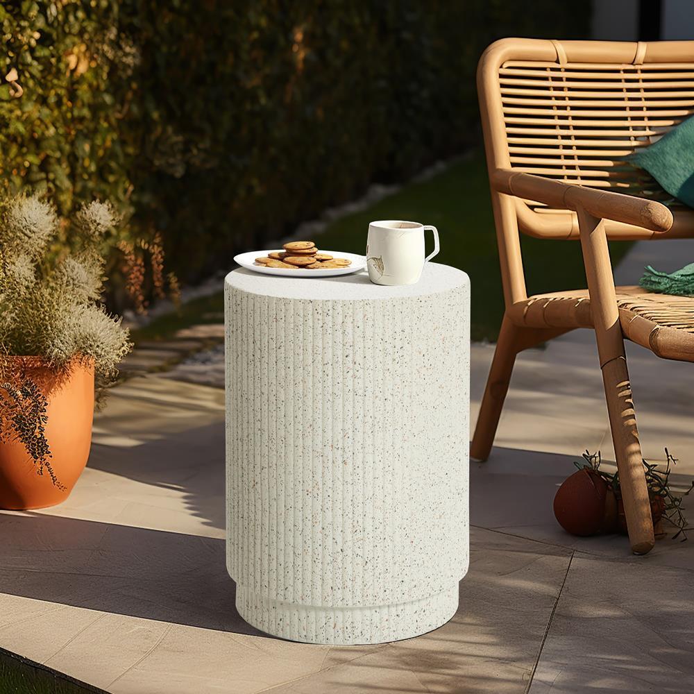 LuxenHome Ivory White Cement Round Outdoor Side Table