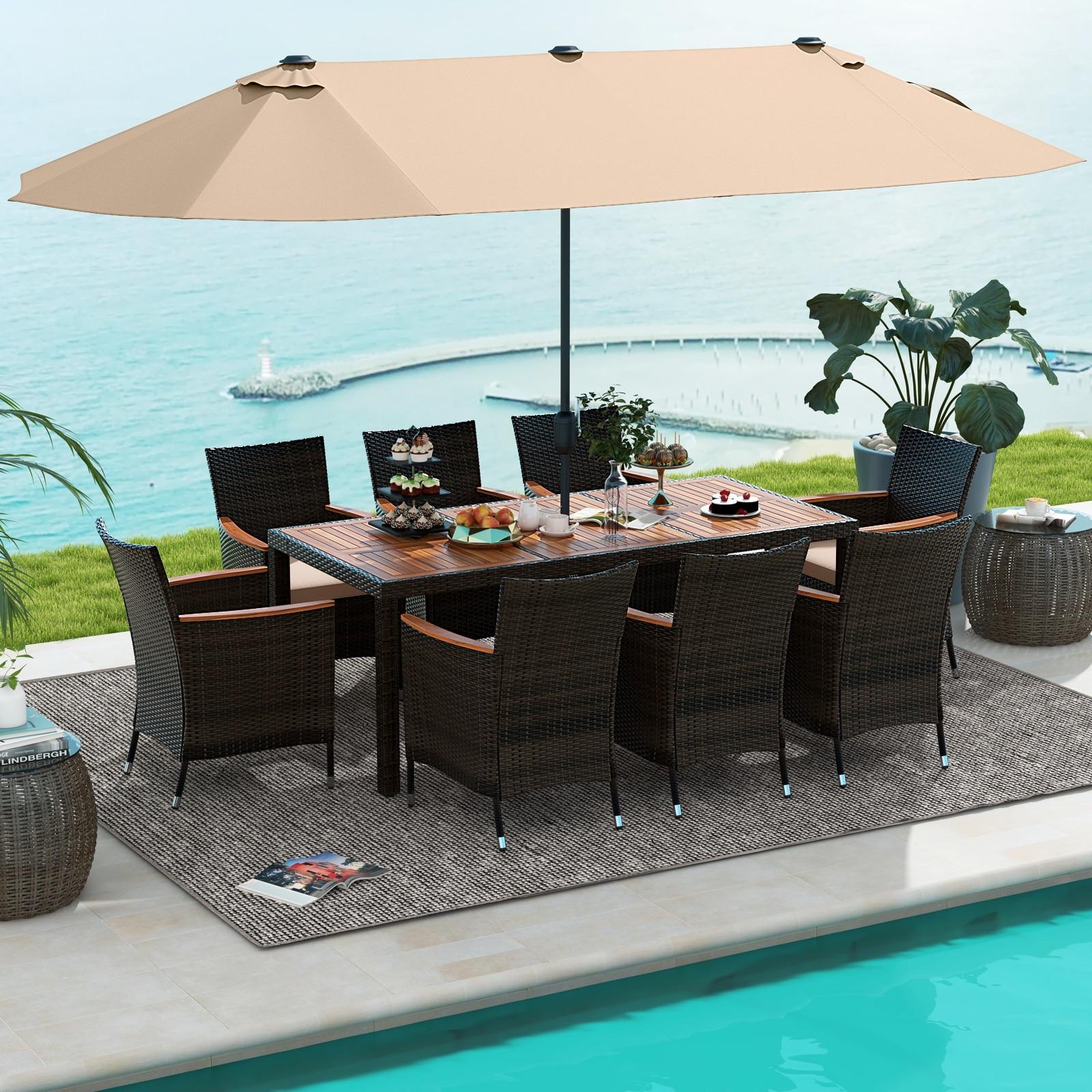 Costway 15FT Double-Sided Twin Patio Umbrella Outdoor Market W/ Crank & Base Coffee