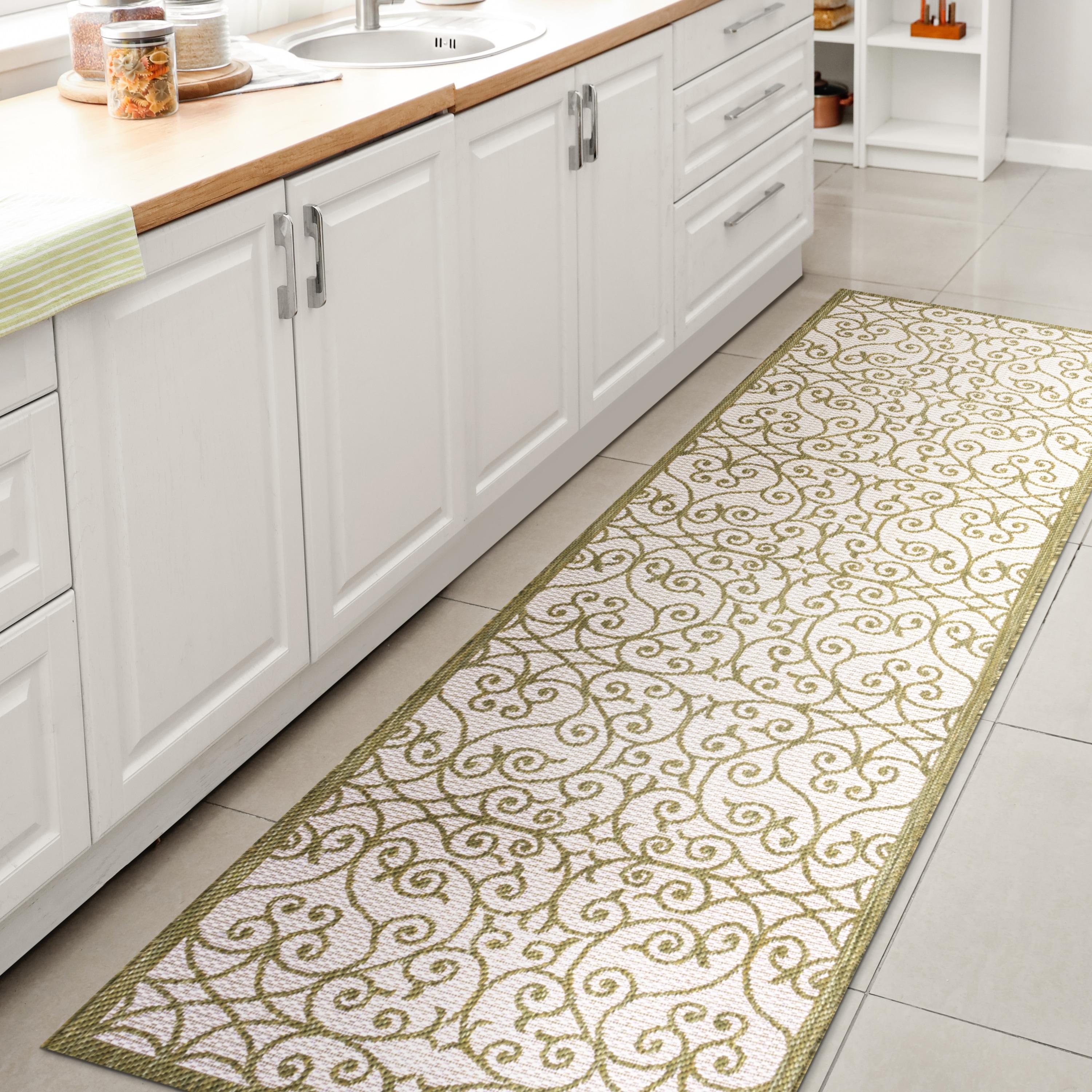 2' x 10' Madrid Vintage Filigree Textured Weave Indoor/Outdoor Runner Rug, Green/Cream - JONATHAN Y